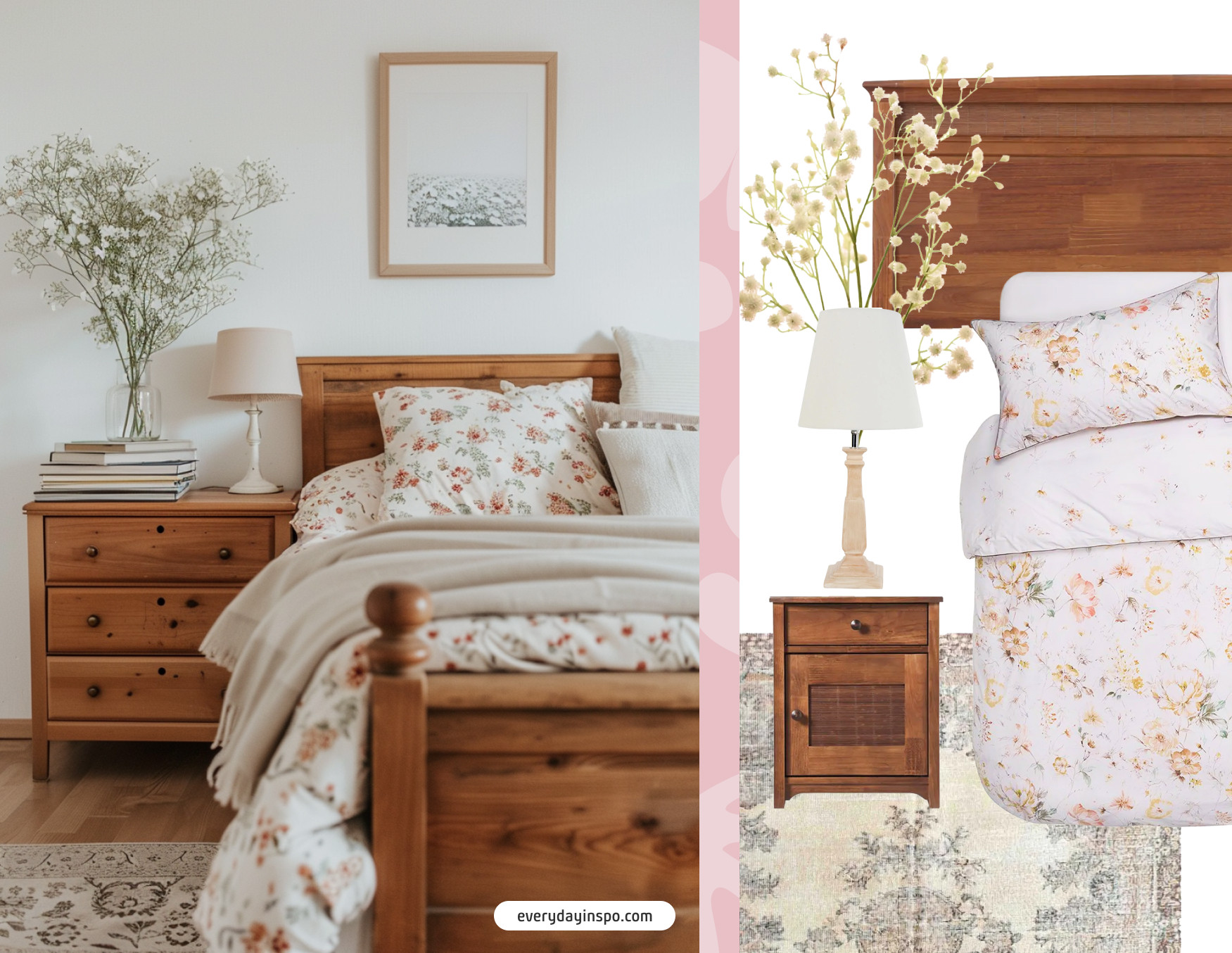 Moodboard de inspiración con una foto de un dormitorio de estilo Cottagecore con una cama y velador de madera, cubrecama con estampado de flores, manta color arena. Al costado están los productos Sodimac para lograr el look de la foto.