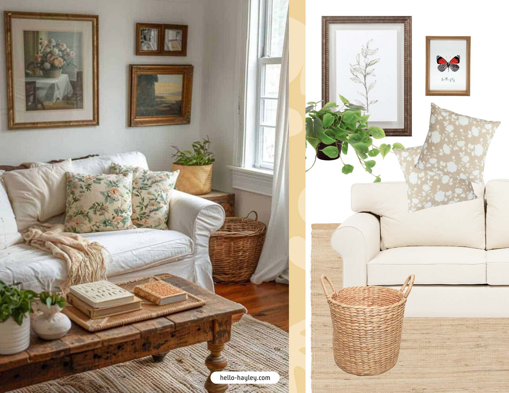 Moodboard de inspiración con un living de estilo Cottagecore con un sofá con tapiz blanco, cojines con estampados de flores, una mesa de madera rústica, un canasto decorativo y cuadros. Al costado están los productos Sodimac para lograr ese look.