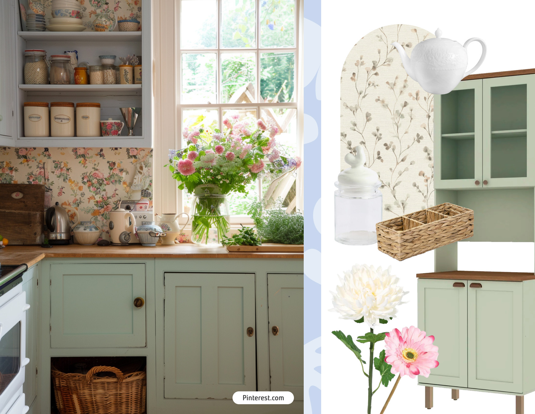 Moodboard de inspiración con una foto de una cocina de estilo Cottagecore con muebles verde menta, papel mural de flores y frascos y loza vintage sobre las encimeras. Al costado están los productos Sodimac para lograr ese look.