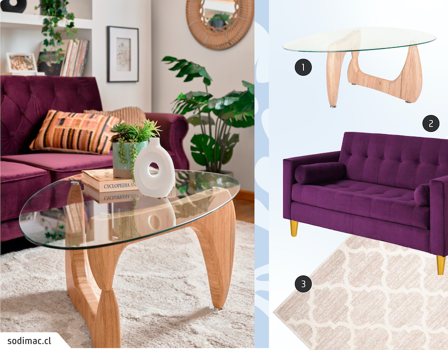 Moodboard de inspiración de un living de estilo aesthetic, con una mesa de centro de formas irregulares con cubierta de vidrio, un sofá morado y una alfombra beige con líneas blancas. Al costado hay imágenes de esos 3 productos disponibles en Sodimac.