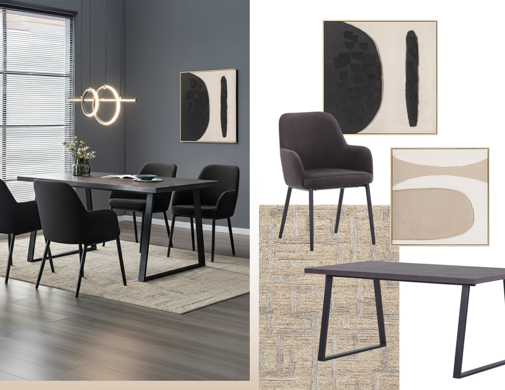 Moodboard de inspiración con un comedor elegante de estilo moderno en tonos negros y grises con iluminación colgante y arte abstracto en las paredes. Al costado están los productos Sodimac para lograr ese look.