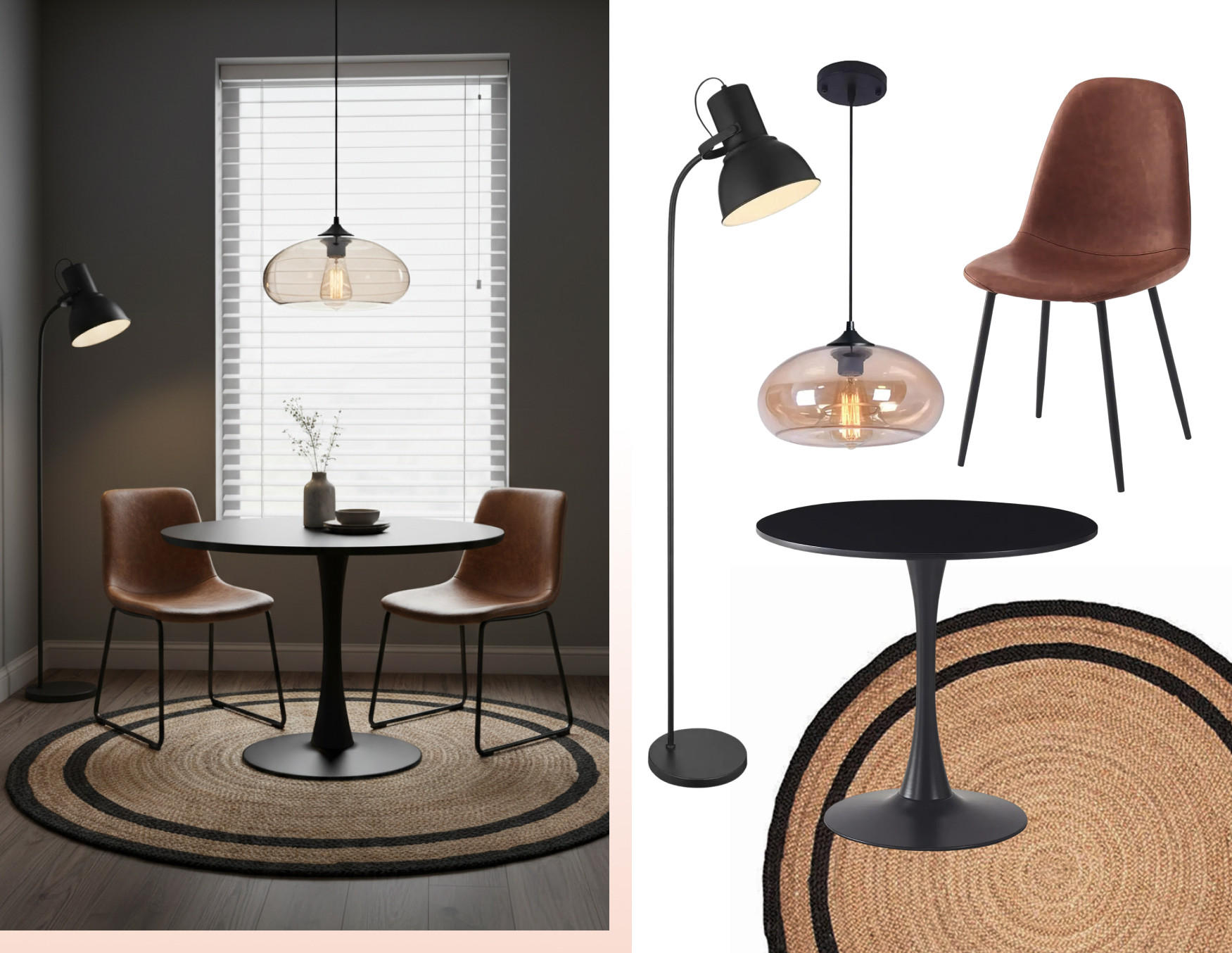 Moodboard de inspiración con un comedor con mesa redonda negra, sillas tapizadas café y lámpara colgante de vidrio, sobre alfombra de fibra natural redonda. Al costado están los productos Sodimac para lograr ese look.