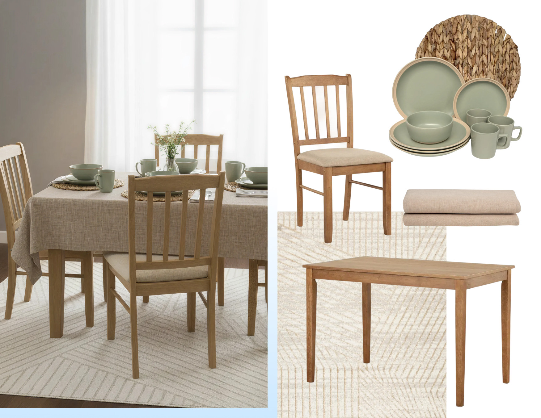 Moodboard de inspiración con un comedor con mesa de madera clara, sillas tapizadas beige y vajilla verde oliva, con textiles neutros y luz suave. Al costado están los productos Sodimac para lograr ese look.