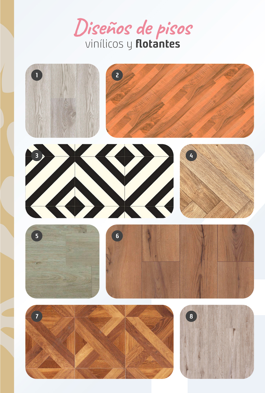 Moodboard con distintos tipos de pisos flotantes y vinílicos disponibles en Sodimac, hay con diseños de madera clara, grisácea y rojiza, así como uno con diseño geométrico en blanco y negro