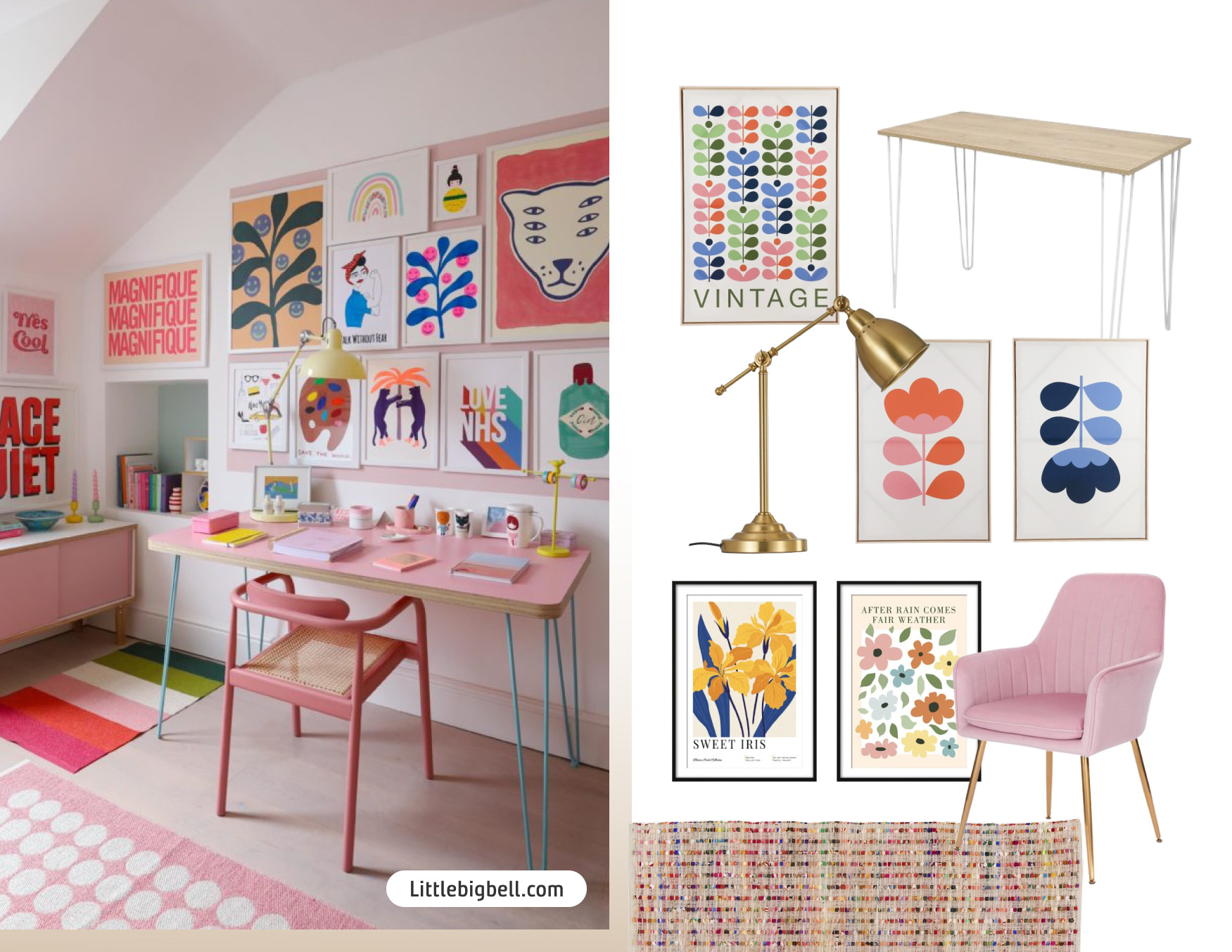 Moodboard de inspiración para decorar una oficina en casa con la tendencia dopamina. Hay una foto con un escritorio y silla rosado pastel, y una pared blanca con ilustraciones de colores. Al costado están los productos Sodimac para lograr el look.