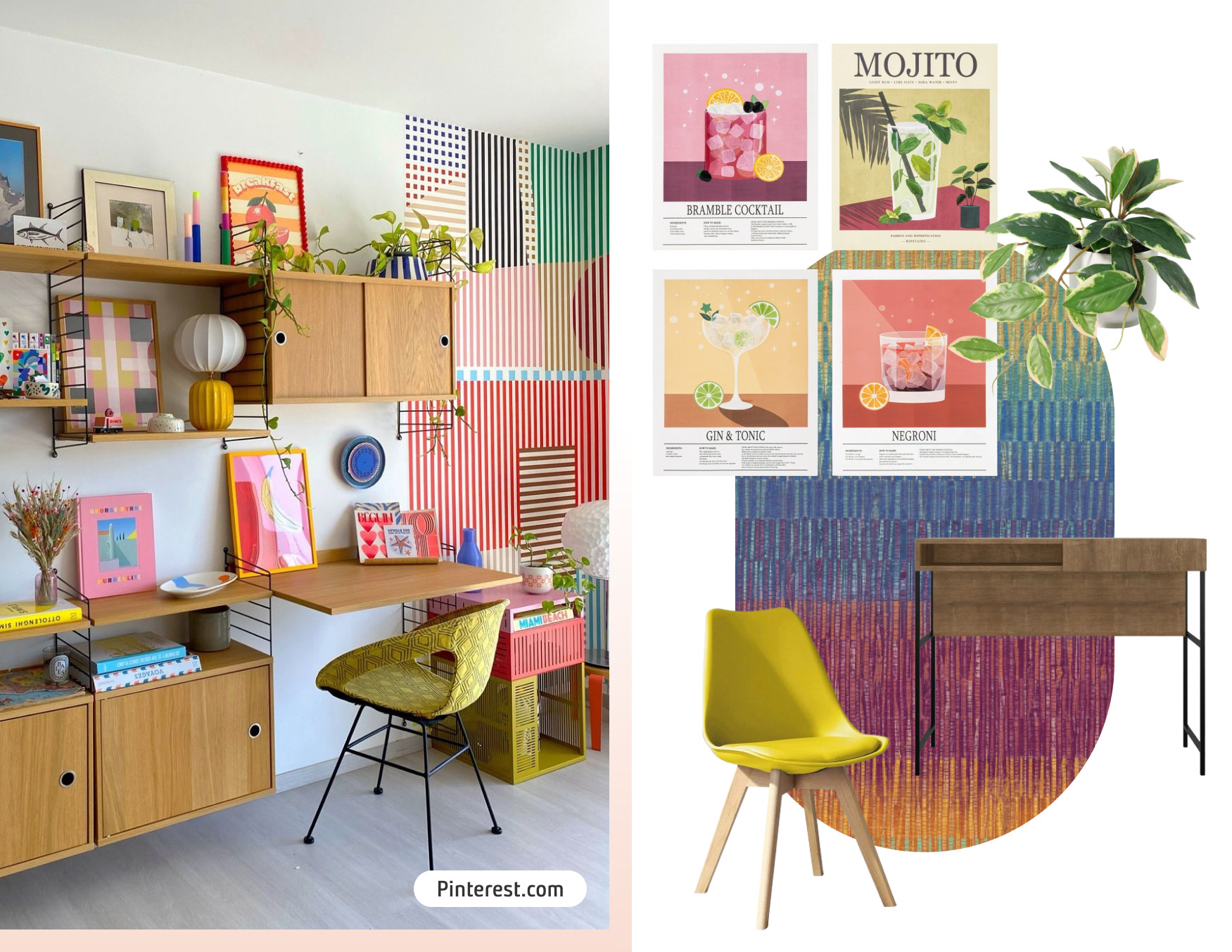 Moodboard de inspiración para decorar una oficina en casa con la tendencia dopamina. Hay una foto con un escritorio y estantes de madera, una silla verde oliva, una sección con papel mural. Al costado están los productos Sodimac para lograr el look.