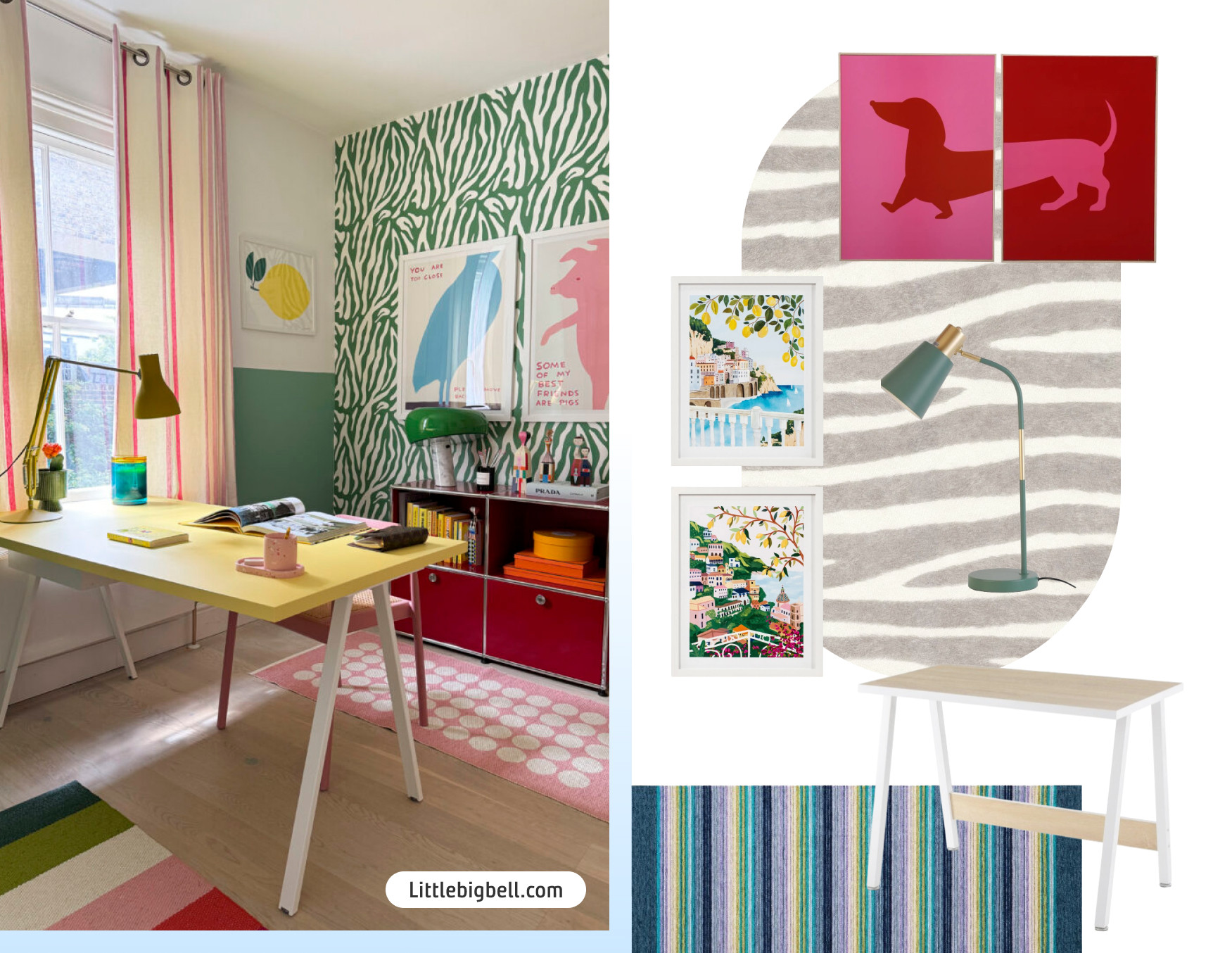 Moodboard de inspiración para decorar una oficina en casa con la tendencia dopamina. Hay una foto con un escritorio amarillo, papel mural con diseño verde en un muro, cuadros de colores. Al costado están los productos Sodimac para lograr el look.