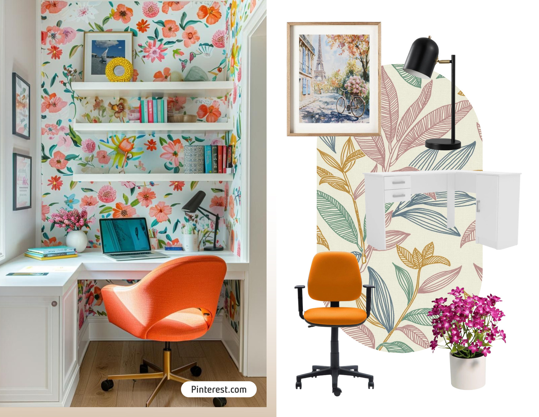 Moodboard de inspiración para decorar una oficina en casa con la tendencia dopamina. Hay una foto con un escritorio esquinero y estante blanco, una silla naranja, papel mural de flores en la pared. Al lado están los productos Sodimac para lograr el look.