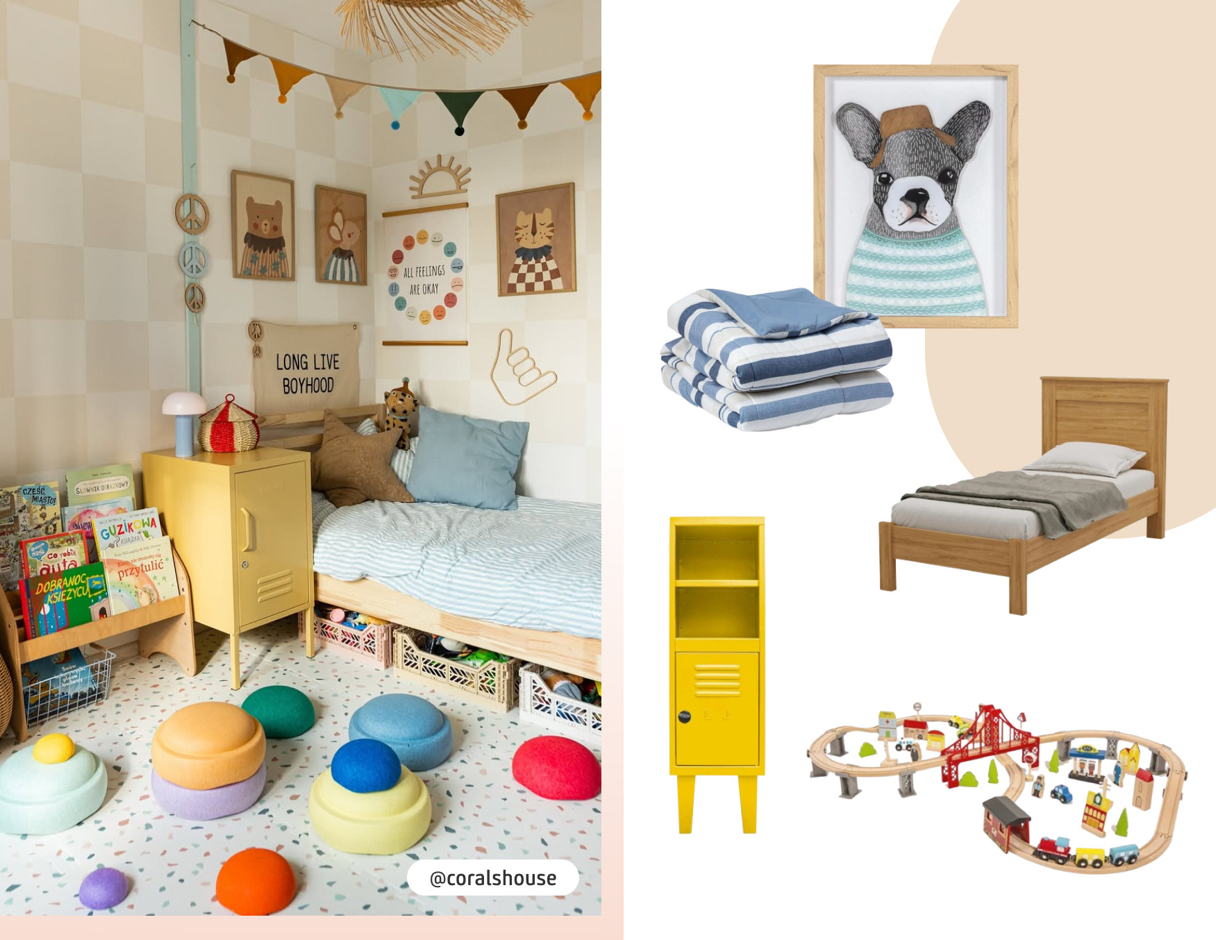 Moodboard de inspiración con una foto de un dormitorio infantil colorido. Hay una cama de madera, un locker amarillo, juegos de colores y cuadros de animales en la pared. Al costado están los productos disponibles en Sodimac para lograr ese look.