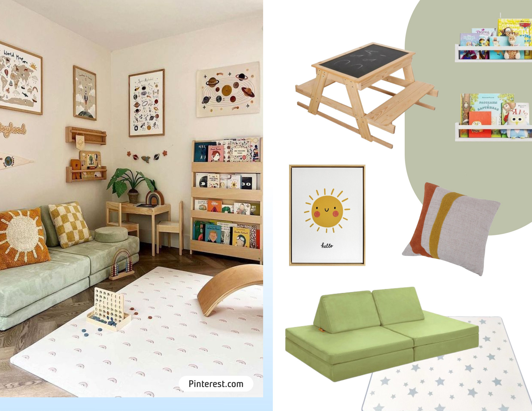 Moodboard de inspiración con una foto de un espacio de juegos para niños estilo Montessori. Hay un librero de madera, un mat, un sofá verde y decoraciones en la pared. Al costado están los productos disponibles en Sodimac para lograr ese look.