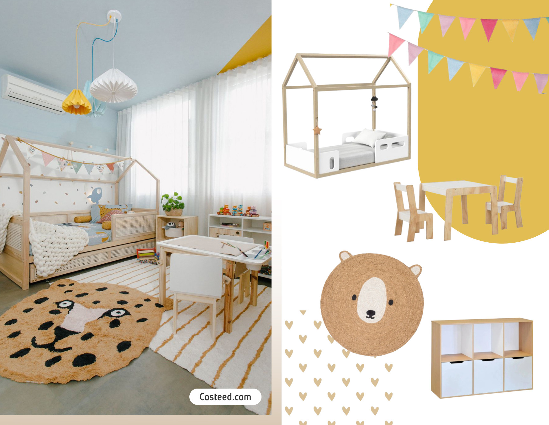 Moodboard de inspiración con una foto de un dormitorio infantil de paredes celestes con detalles amarillos. Hay una cama, dos alfombras, una mesa y sillas pequeñas. Al costado están los productos disponibles en Sodimac para lograr ese look.