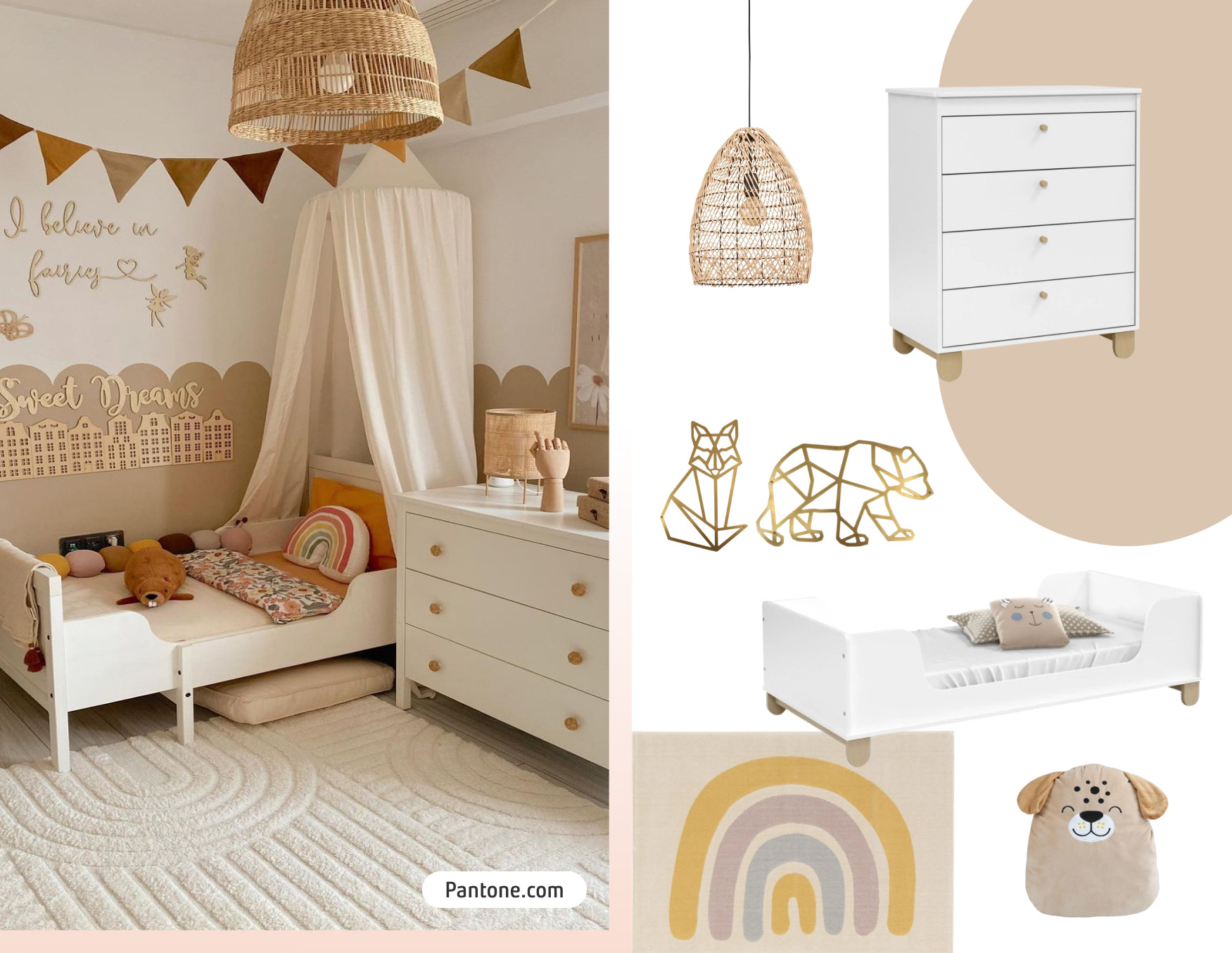 Moodboard de inspiración con una foto de un dormitorio infantil en tonos beige, crema y café claro. Hay una cama, una cómoda, una alfombra y decoraciones de madera en la pared. Al costado están los productos disponibles en Sodimac para lograr ese look.