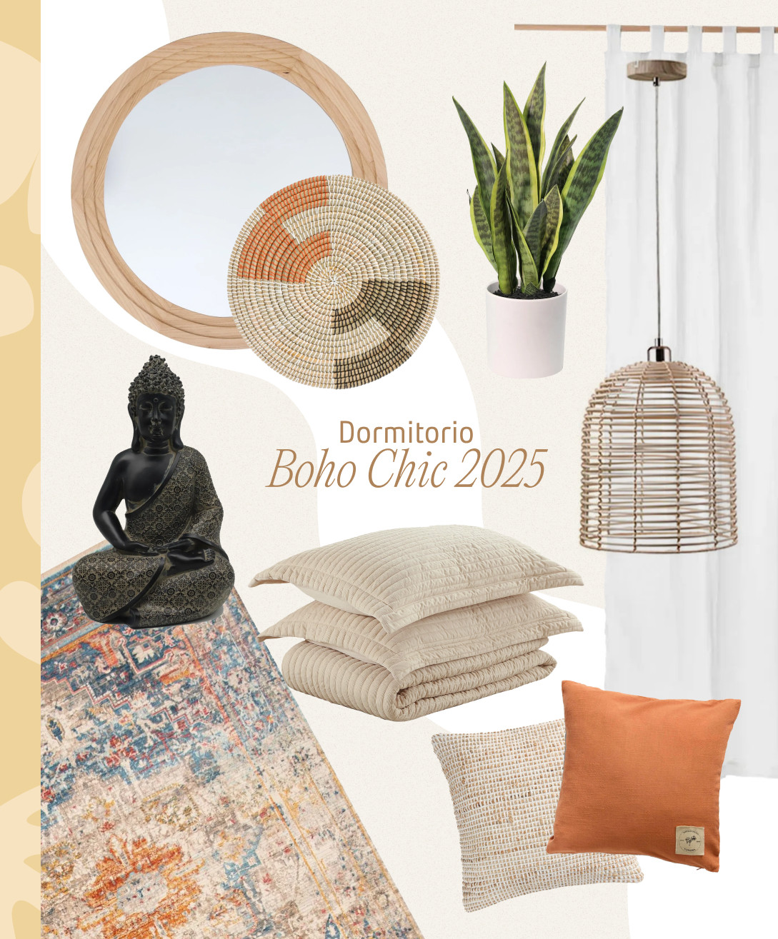 Moodboard de inspiración con productos Sodimac para lograr un dormitorio de estilo Boho chic. Hay un espejo, cojines, una lámpara colgante, una planta, una figura de Buda y otros adornos deco.