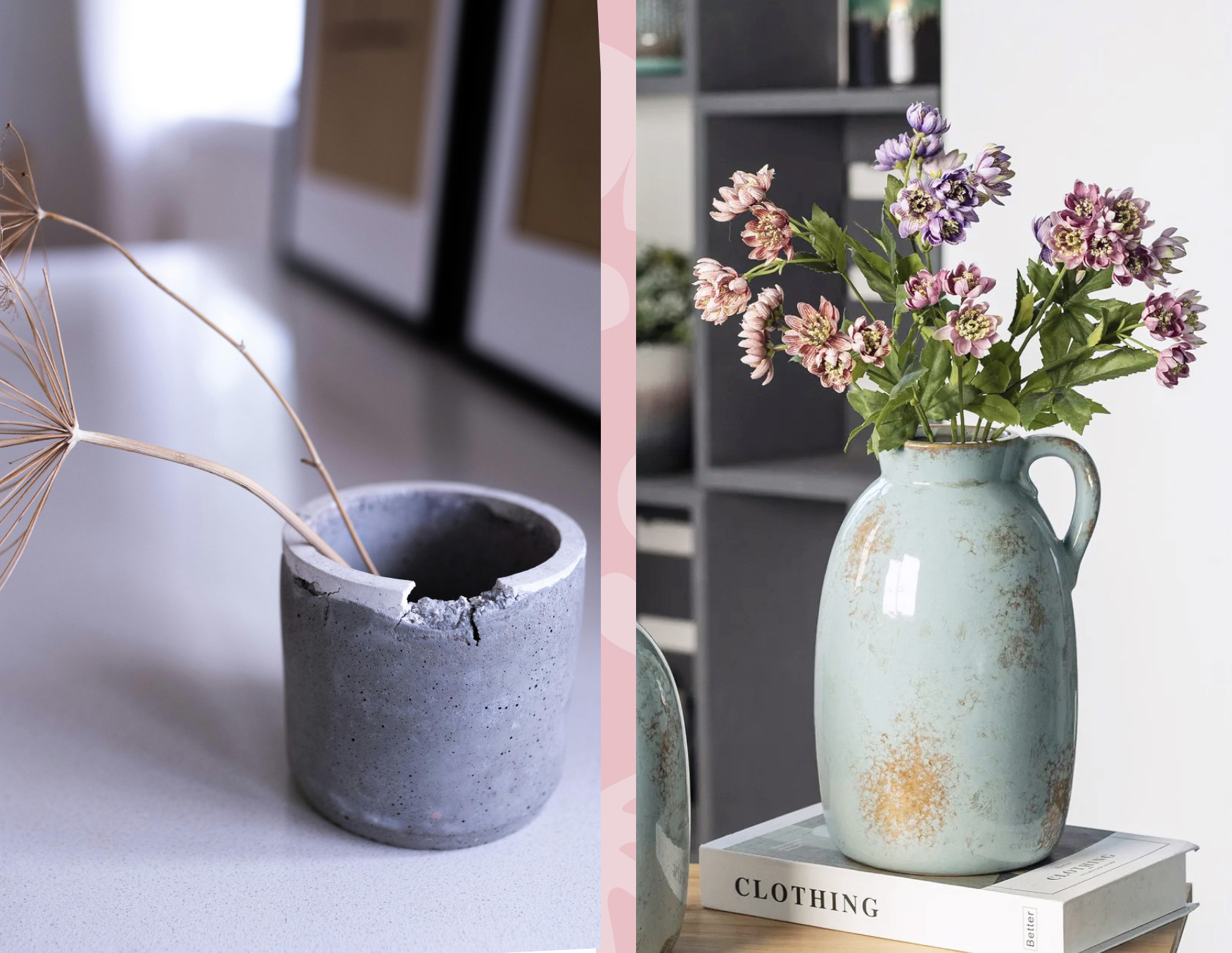 Imagen con dos fotos comparadas, en el lado izquierdo hay un florero gris roto con 2 ramas amarillas. Al lado derecho, un florero celeste en buen estado con flores en tonos rosados y morados.
