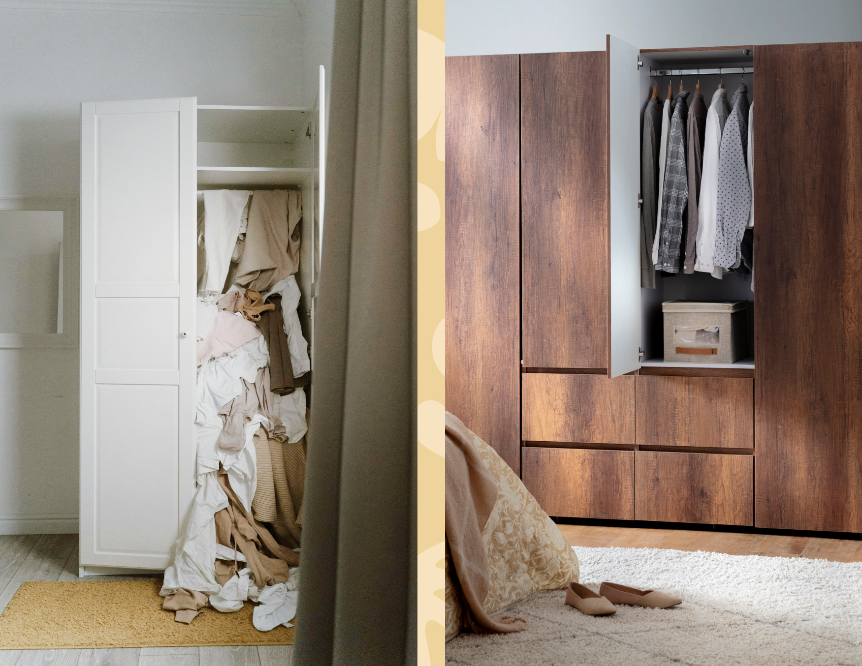 Imagen con dos fotos comparadas, en el lado izquierdo hay un clóset blanco lleno de ropa desordenada que se sale del mismo. Al lado derecho, un clóset ordenado con colgadores y cajas de tela.