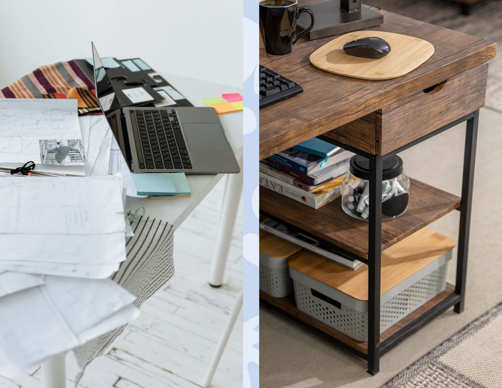 Imagen con dos fotos comparadas, en el lado izquierdo hay un escritorio desordenado lleno de papeles. Al lado derecho, un escritorio de madera muy ordenado,con cajas organizadoras.