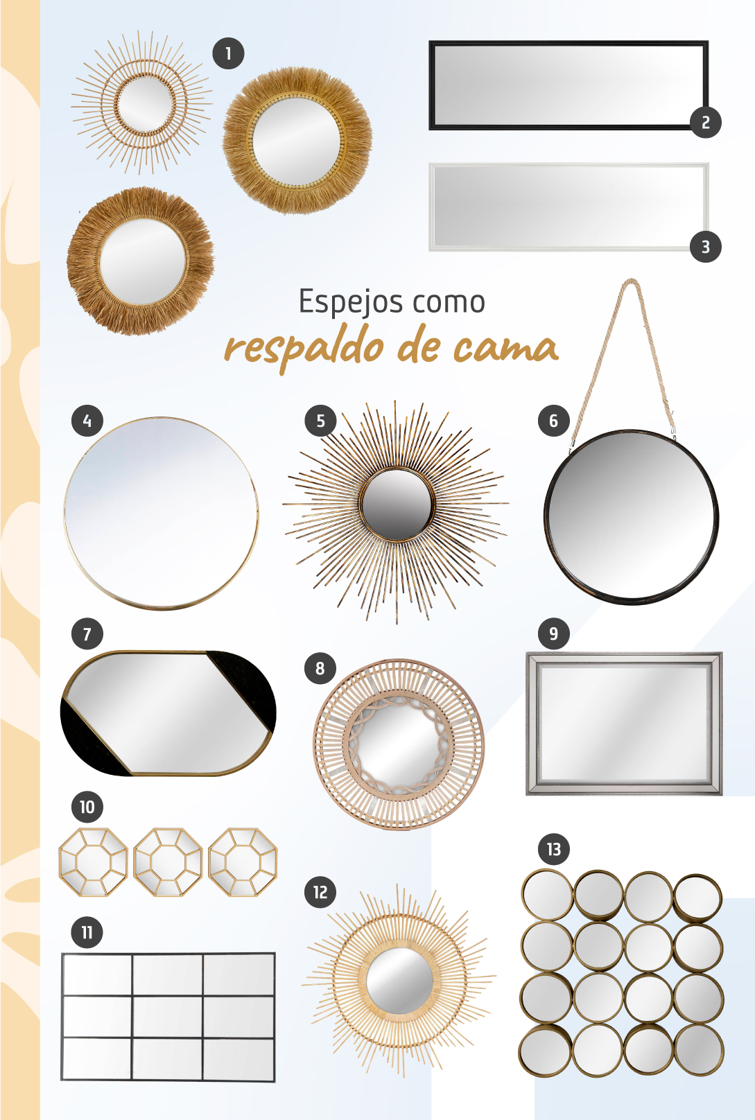 Moodboard de inspiración con 13 estilos de espejos para el dormitorio disponibles en Sodimac, desde redondos hasta con marco dorado y otros de fibras naturales.