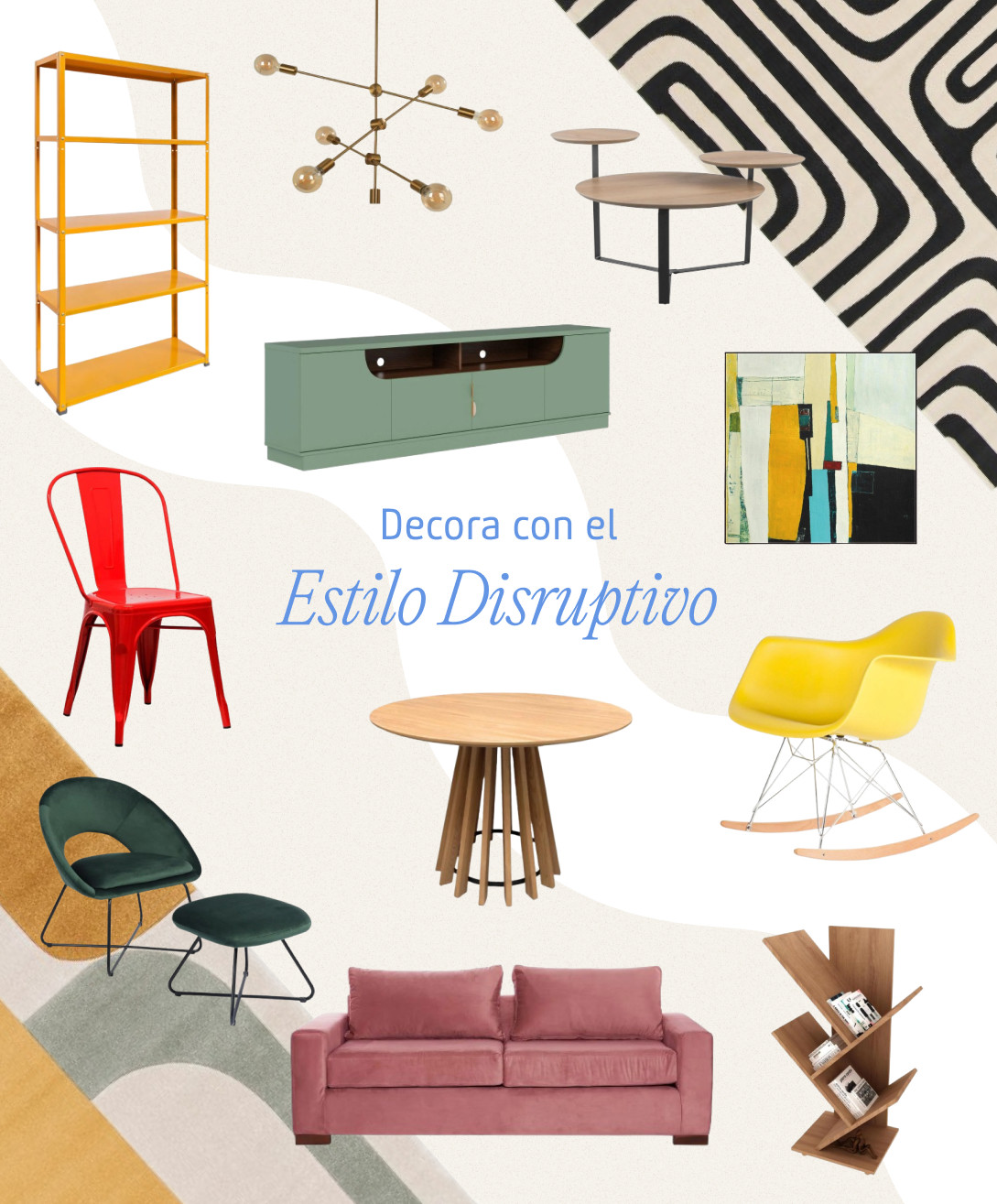 Moodboard con productos Sodimac para conseguir un estilo disruptivo en la decoración de departamentos modernos. Hay sillas, un sofá, alfombras, un cuadro, estantes, mesas, un rack y una lámpara colgante.