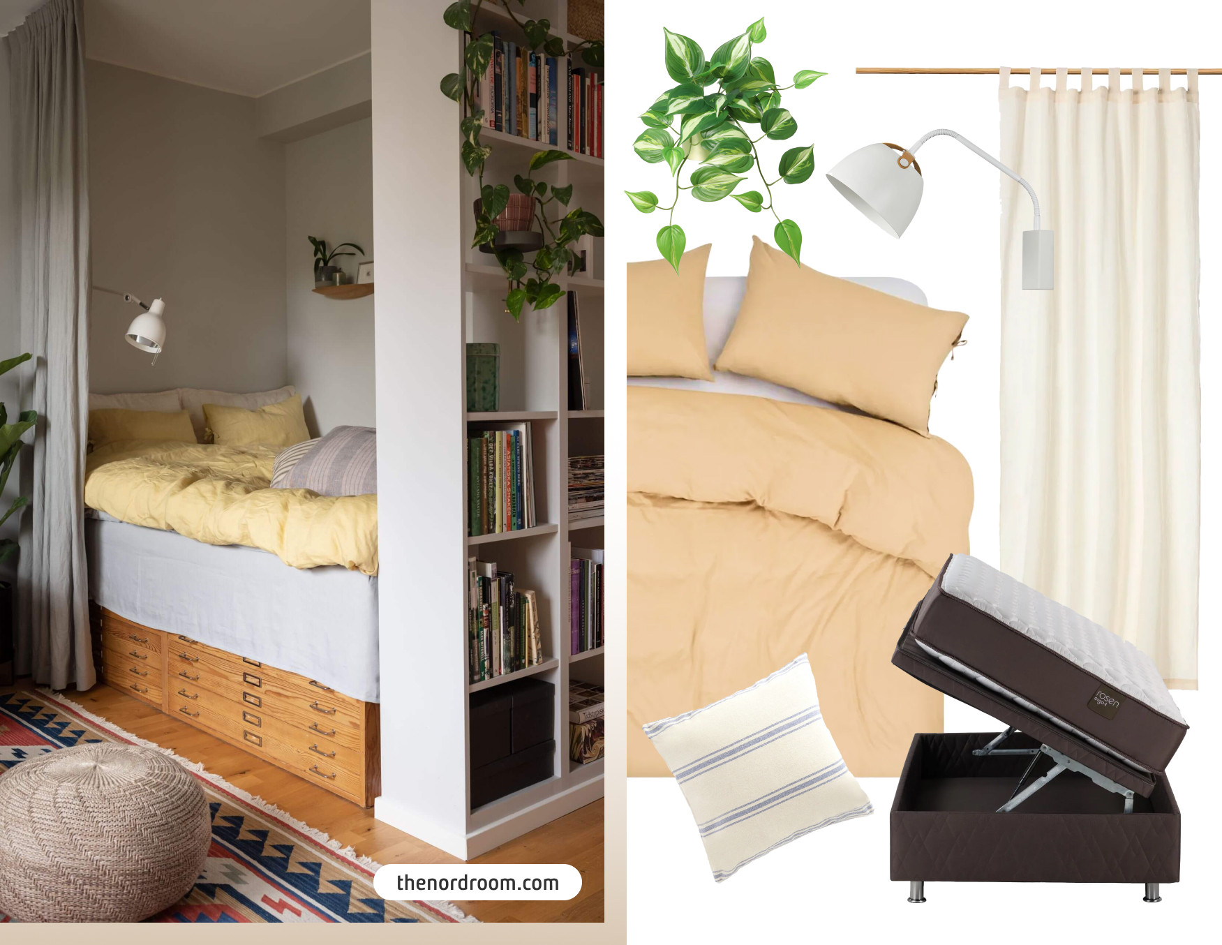 Moodboard de inspiración con una foto de un departamento pequeño con una cama oculta detrás de un estante de un estante con libros. Al costado están los productos disponibles en Sodimac para lograr el look de ese espacio.