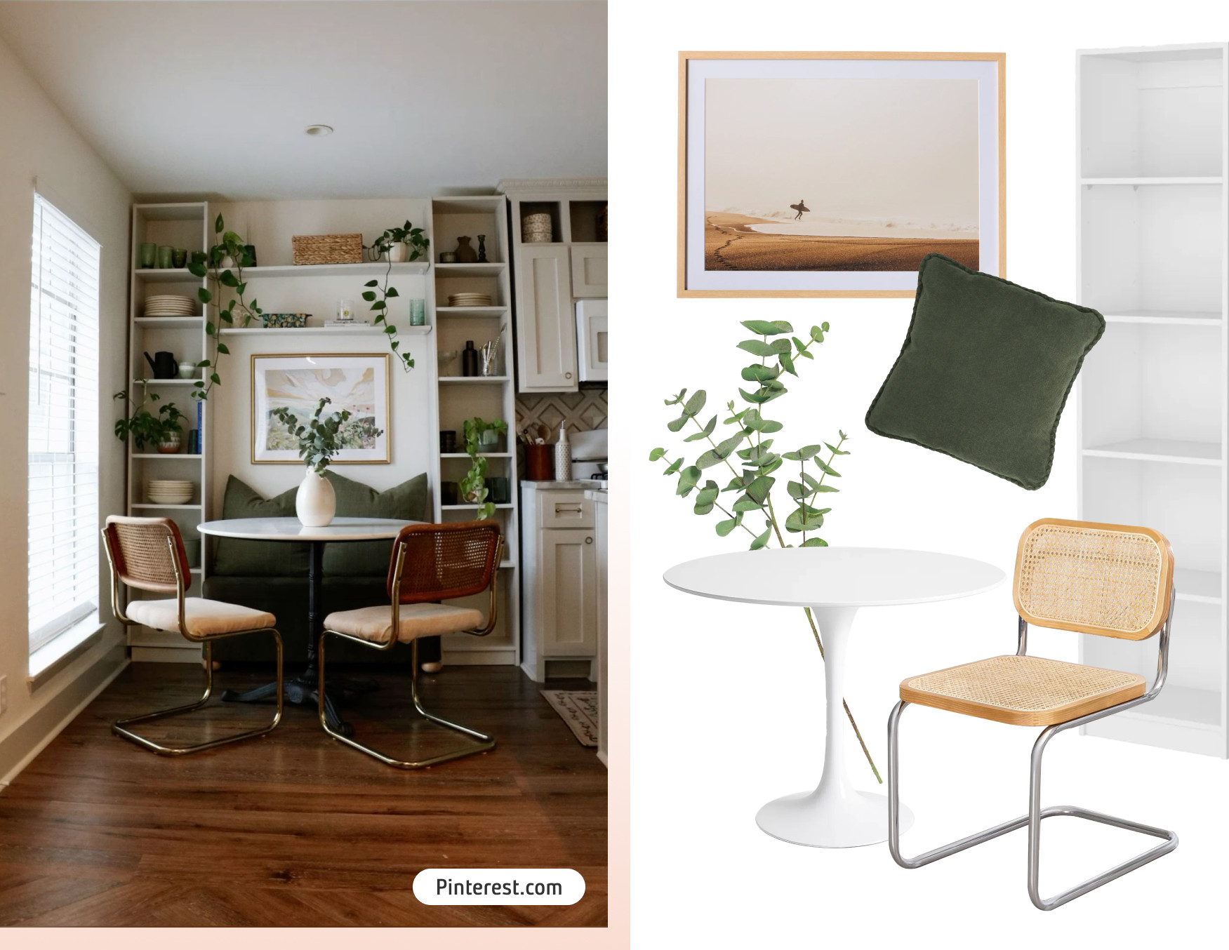 Moodboard de inspiración con una foto de un comedor con una mesa redonda blanca, sillas alrededor y una biblioteca blanca con adornos y plantas de fondo. Al costado están los productos disponibles en Sodimac para lograr ese look.
