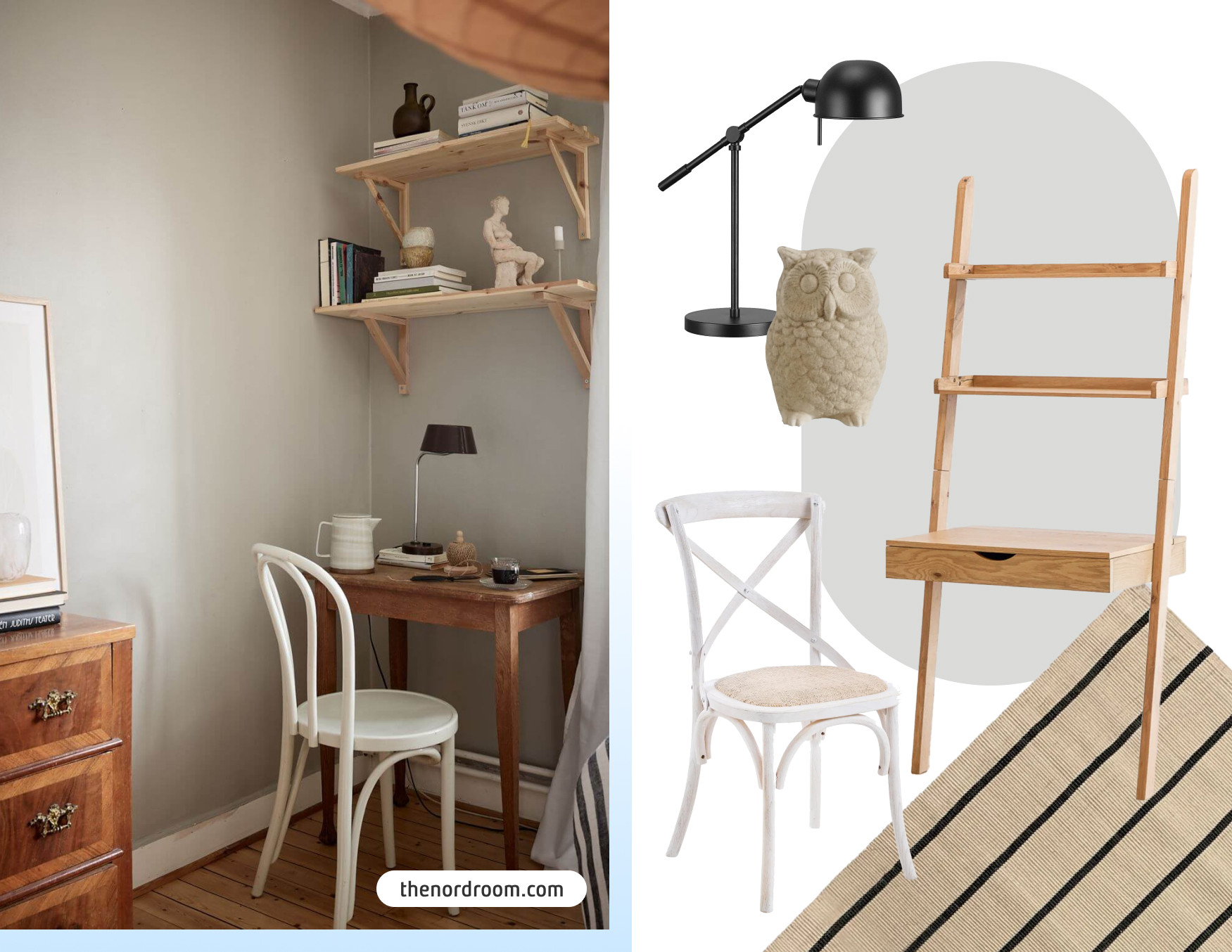 Moodboard de inspiración con una foto de un rincón que funciona como escritorio en un departamento pequeño, con una mesa y repisa de madera, silla blanca delante. Al costado están los productos disponibles en Sodimac para lograr ese look.