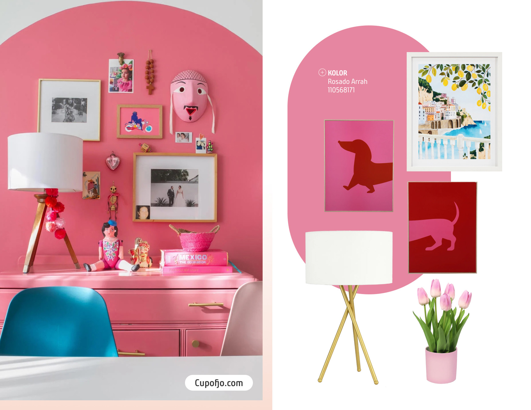 Moodboard de inspiración con una foto de una cómoda rosada delante de una pared del mismo color con un muro galería. Al costado están los productos disponibles en Sodimac para lograr ese look.