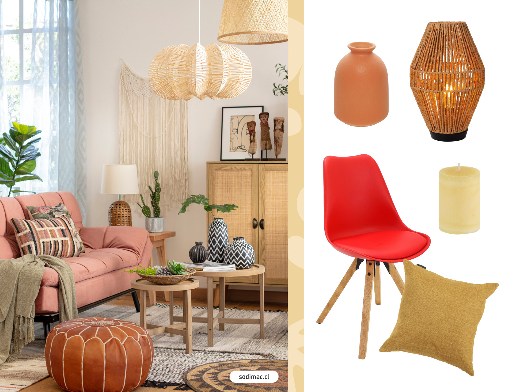 Living boho con sofá rosa, mueble de madera, mesas de centro y pouf marroquí. Moodboard Sodimac que incluye jarrón de cerámica, silla roja, cojín mostaza, velas y una lámpara de fibras naturales