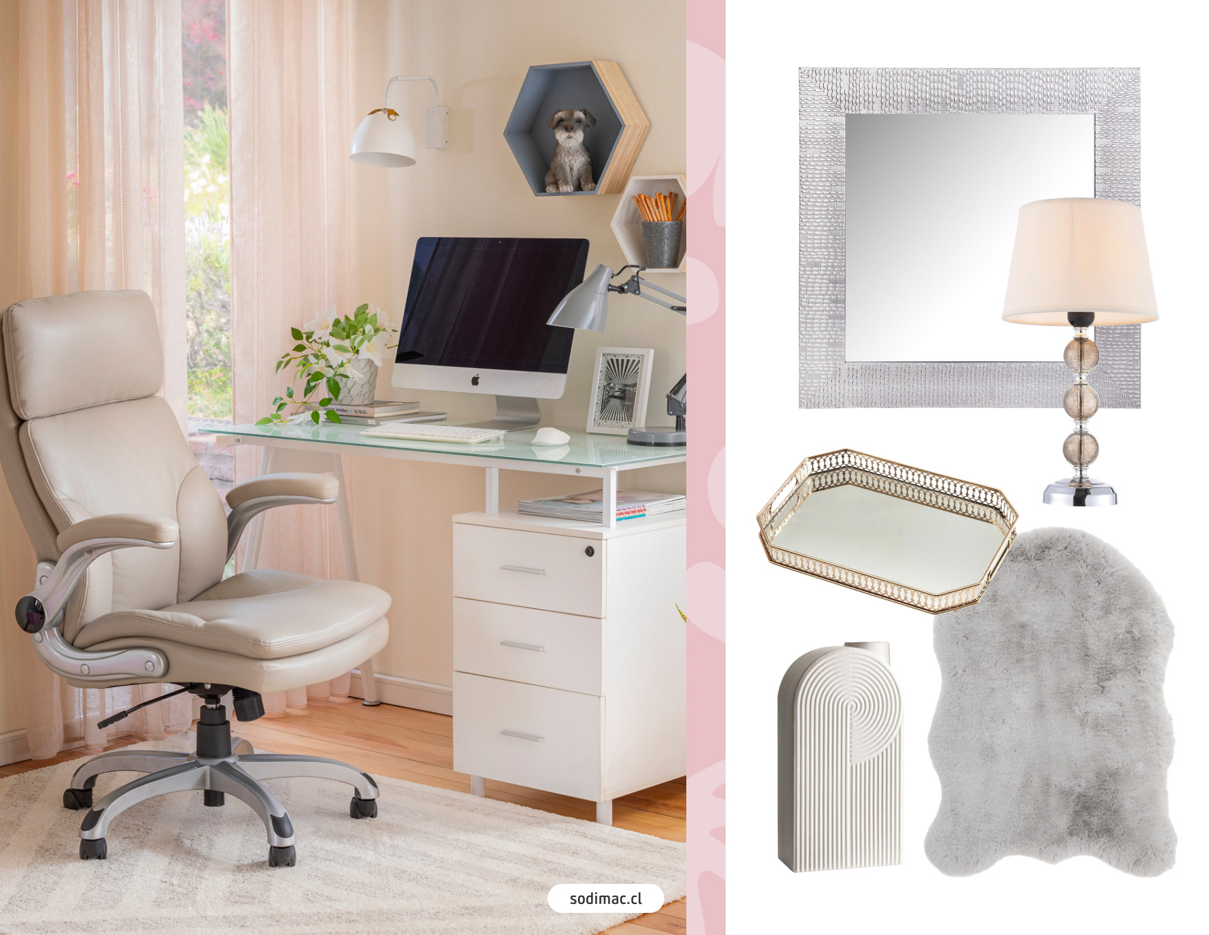 Escritorio juvenil con mesa con base de vidrio y cajonera blanca. Silla ergonómica beige. Muros rosa y alfombra blanca. Moodboard Sodimac con espejo, bandeja decorativa dorada, florero, bajada de cama peluda y lámpara de mesa glam