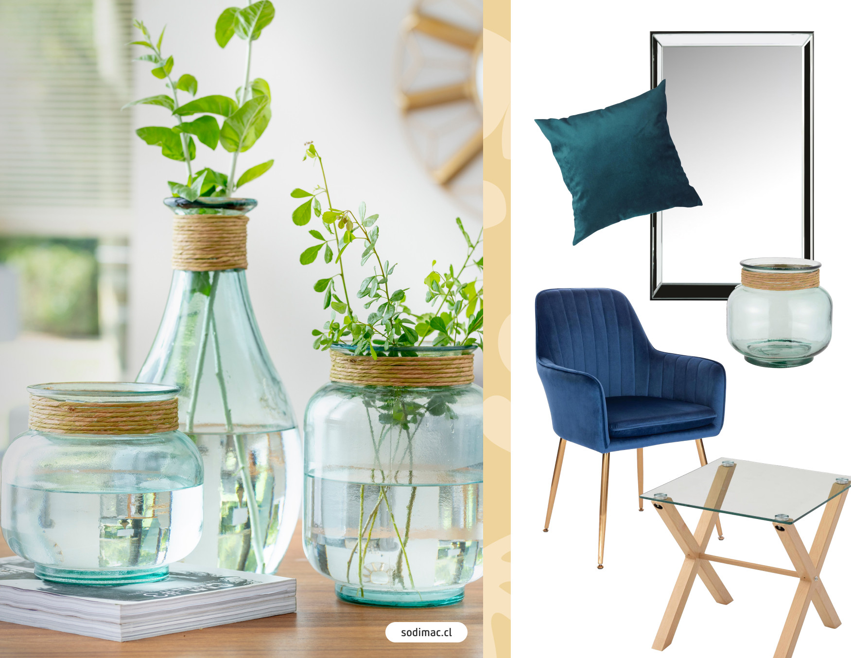 Imagen con tres floreros de vidrio con ramas verdes. Moodboard Sodimac con un sitial azul, cojín azul, un espejo, mesa de centro de vidrio y jarrón de vidrio.