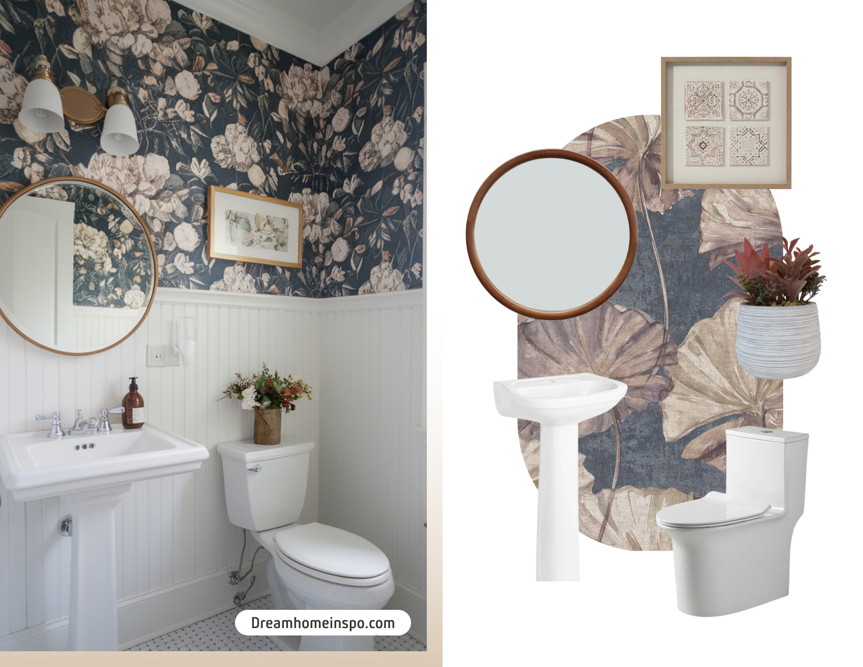Moodboard de inspiración con una foto de un baño clásico con papel mural azul con flores rosa palo en la parte superior y paneles de madera blanca en la parte inferior. Al costado están los productos disponibles en Sodimac para lograr ese look.