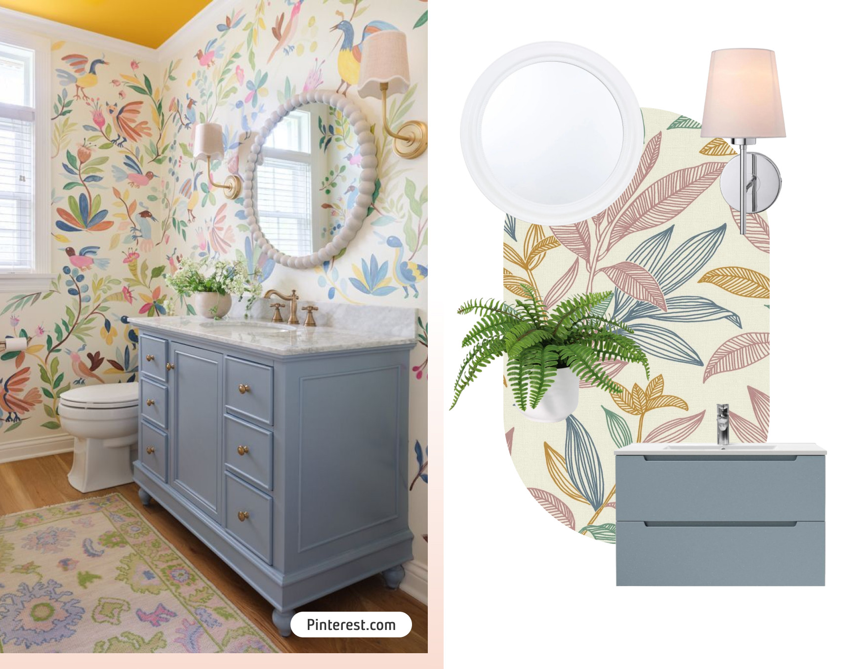 Moodboard de inspiración con una foto de un baño con papel mural de hojas en tonos pastel, mueble azul bruma, espejo redondo con marco blanco y apliqués de pared con pantalla blanca. Al costado están los productos de Sodimac para lograr ese look.