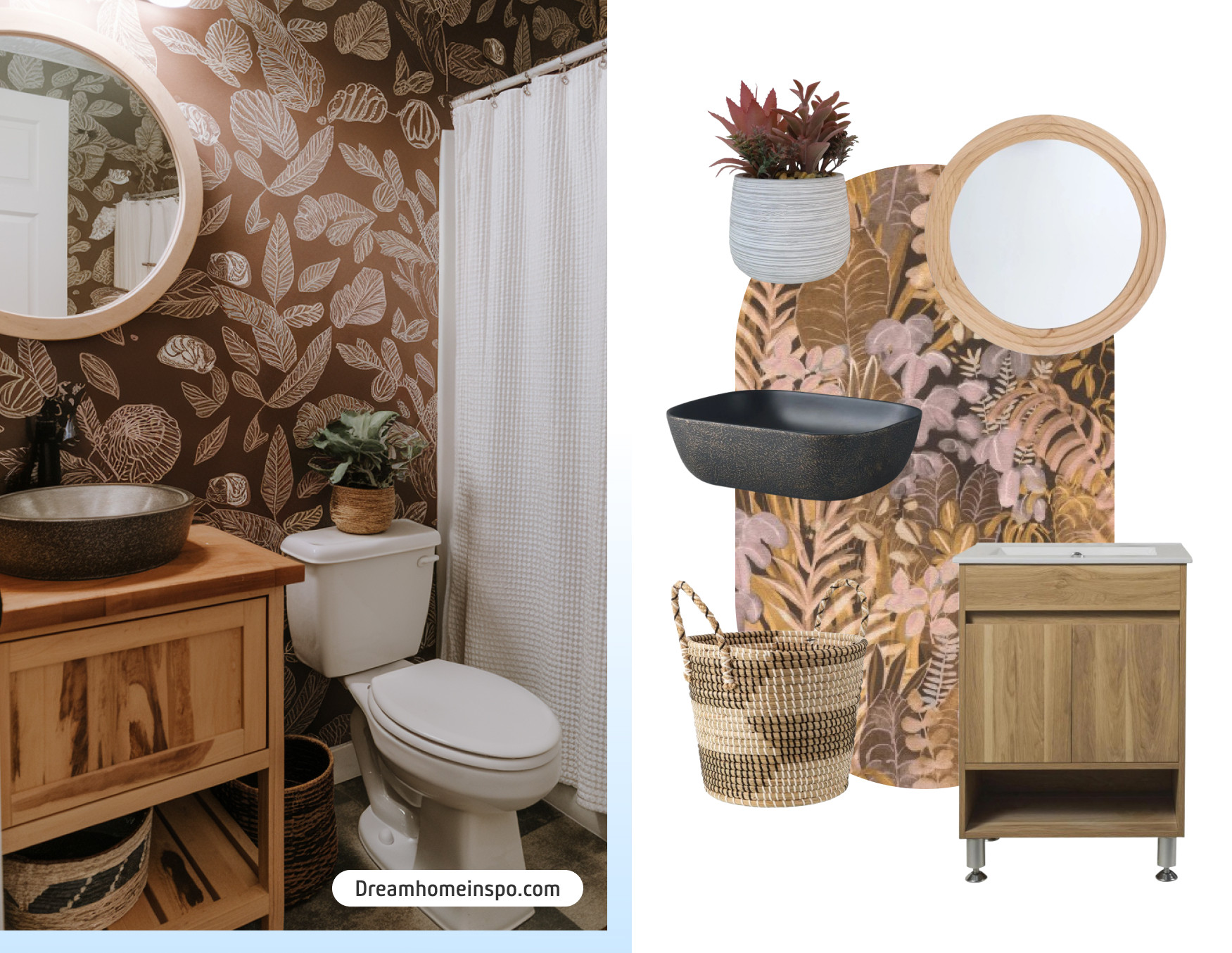 Moodboard de inspiración con una foto de un baño en tonos tierra, papel mural con diseño de hojas, mueble de madera, canasto de mimbre y espejo con marco de madera. Al costado están los productos disponibles en Sodimac para lograr ese look.