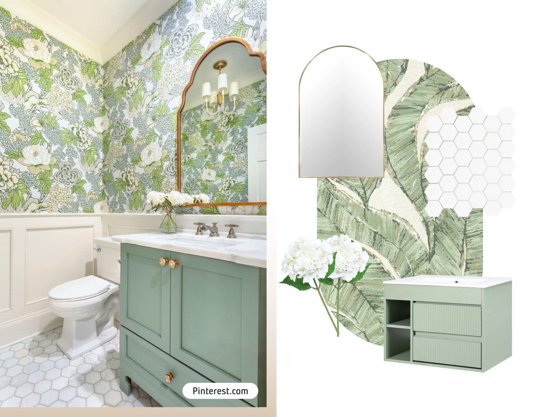 Moodboard de inspiración con un baño de tonos verdes con papel mural de flores y hojas, un mueble vanitorio verde, cerámica de piso hexagonal blanco y un espejo con marco dorado. Al costado están los productos disponibles en Sodimac para lograr ese look.