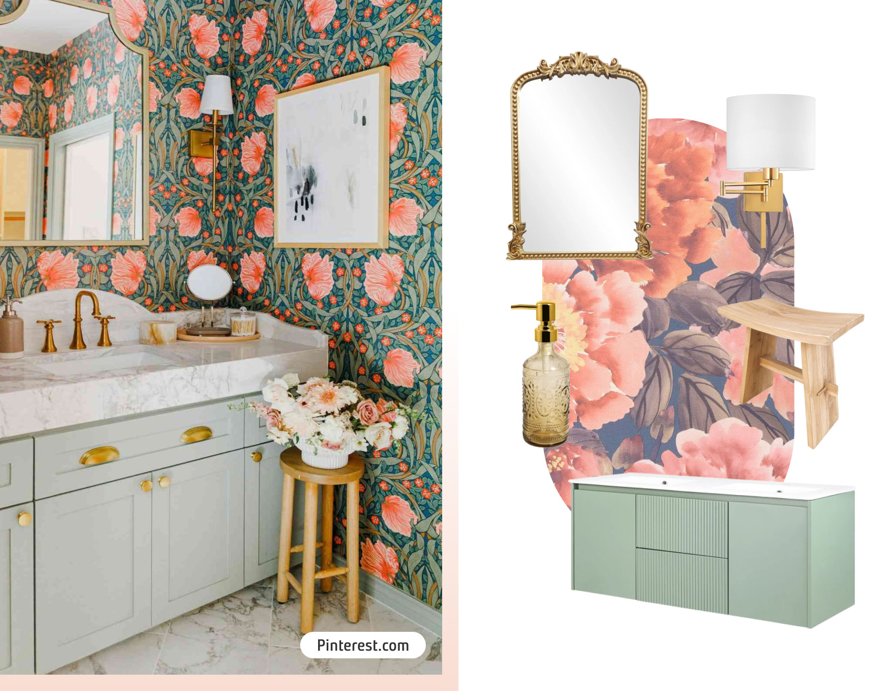 Moodboard de inspiración con un baño estilo clásico chic, con papel mural de flores rosadas, mueble verde pastel, espejo y grifería con acabado dorado y flores de adorno. Al costado están los productos disponibles en Sodimac para lograr ese look.