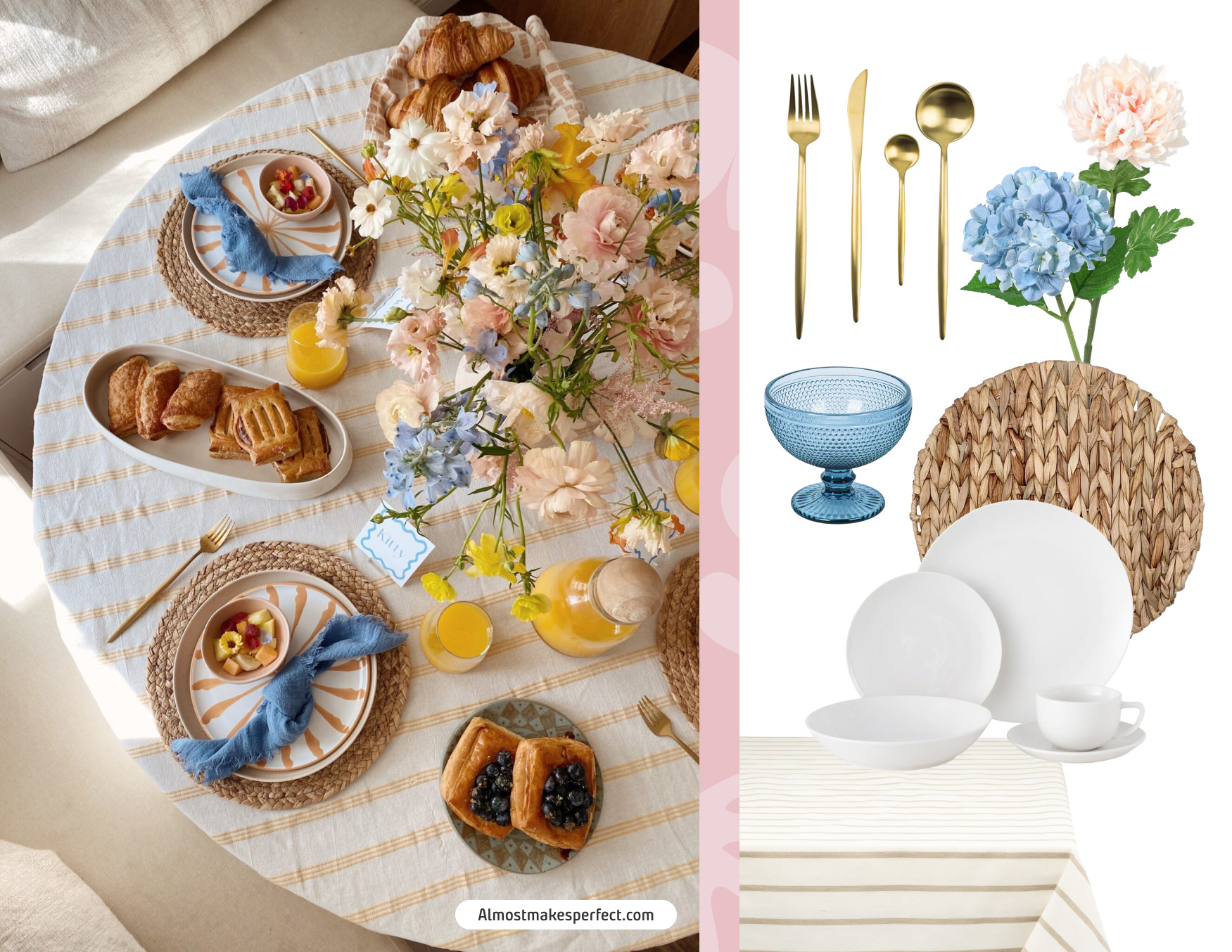 Moodboard de inspiración con una foto de una mesa de un brunch y al costado los productos de Sodimac para recrear ese look, desde platos y cubiertos hasta flores y vajilla.