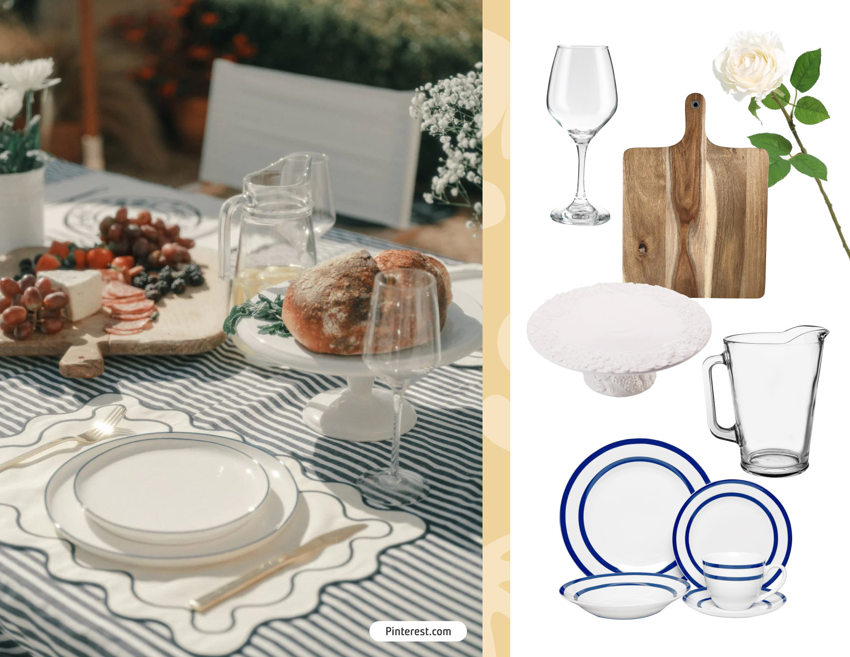 Moodboard de inspiración con una foto de una mesa de un brunch y al costado los productos de Sodimac para recrear ese look, desde vajilla y copas hasta flores y tablas.