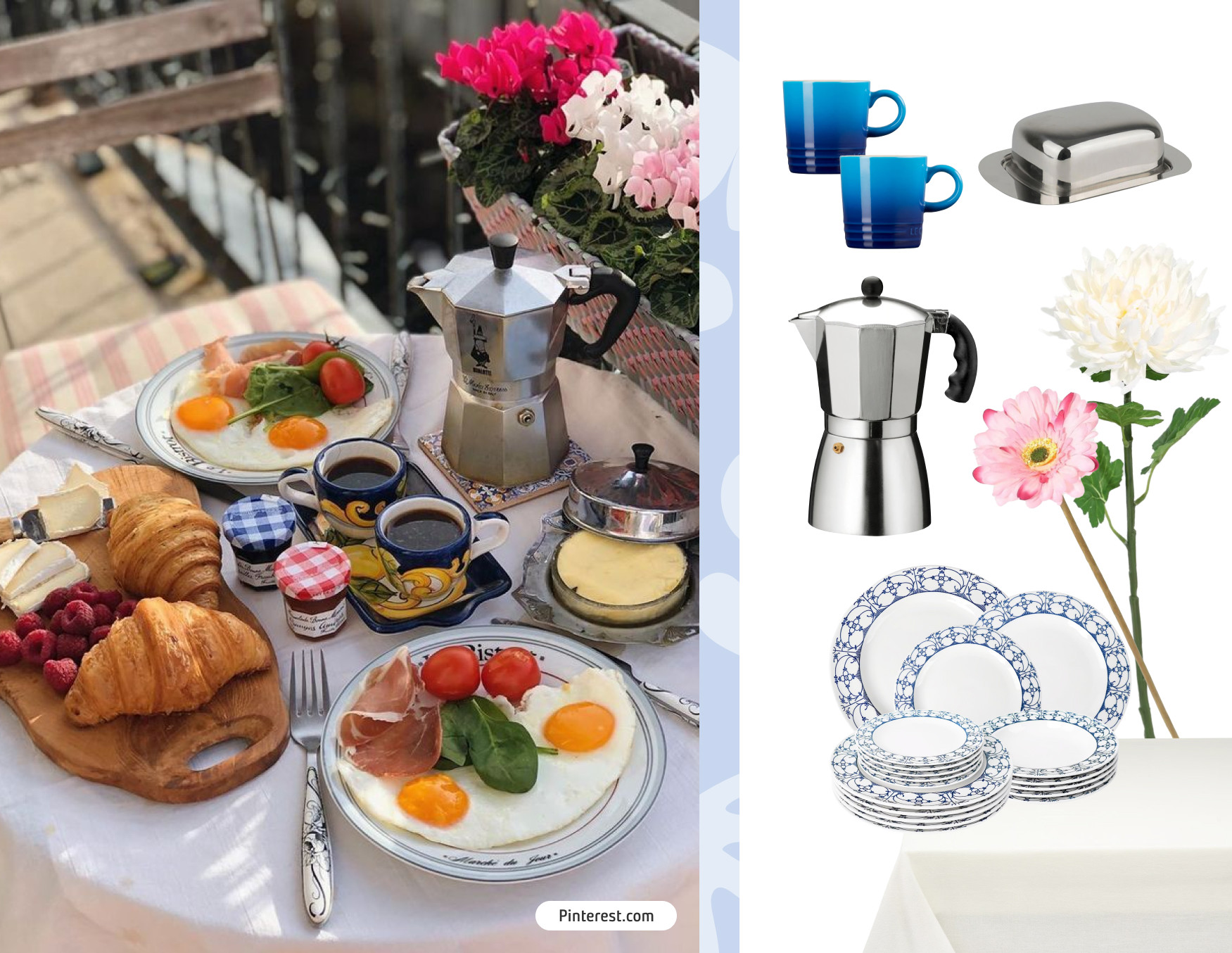 Moodboard de inspiración con una foto de una mesa de un brunch y al costado los productos de Sodimac para recrear ese look, desde vajilla y flores hasta tazas y mantel.