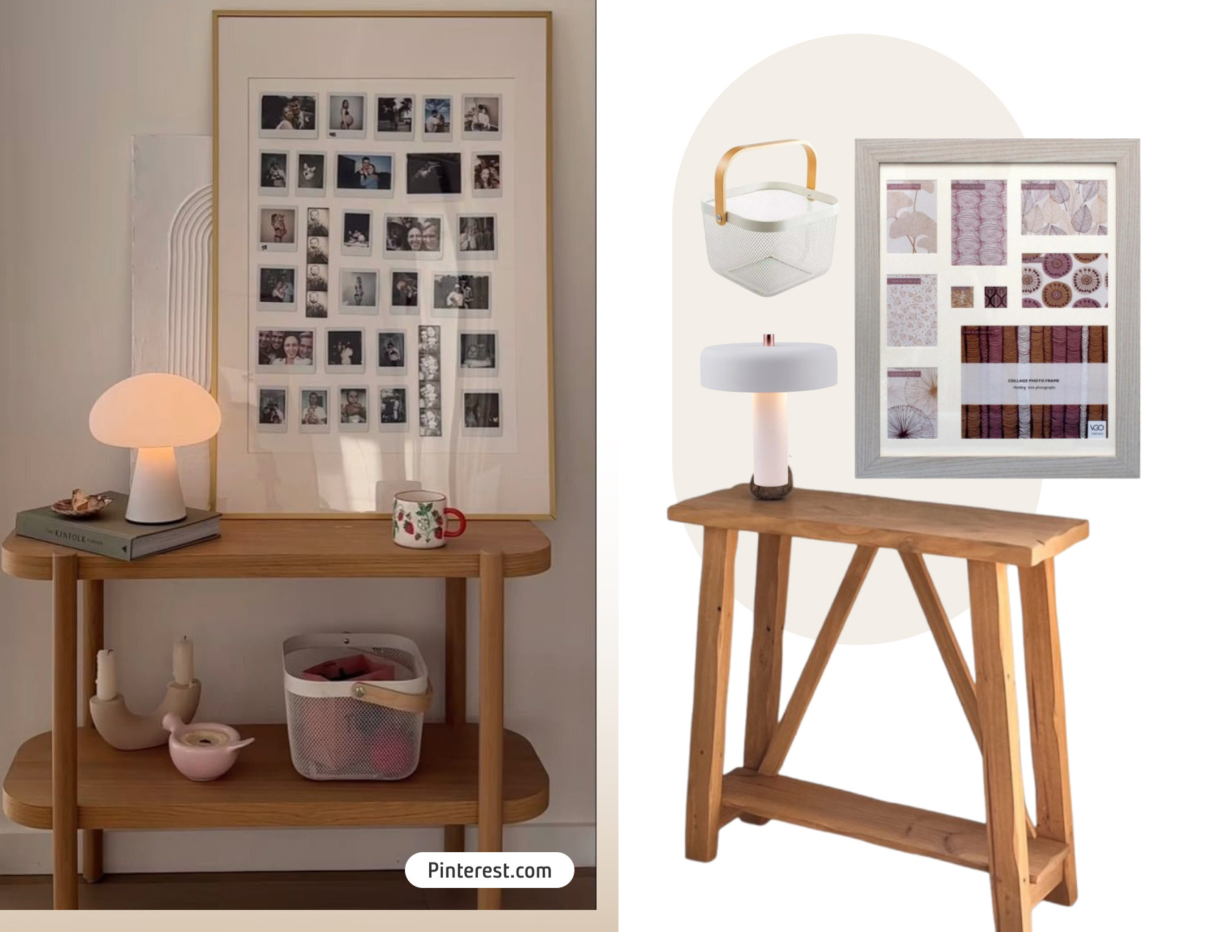 Moodboard de inspiración con una foto de un recibidor con un arrimo de madera, un cuadro con varias fotos pequeñas en su interior apoyado en la pared, una lámpara y un canasto debajo. Al costado están los productos de Sodimac para lograr ese look.