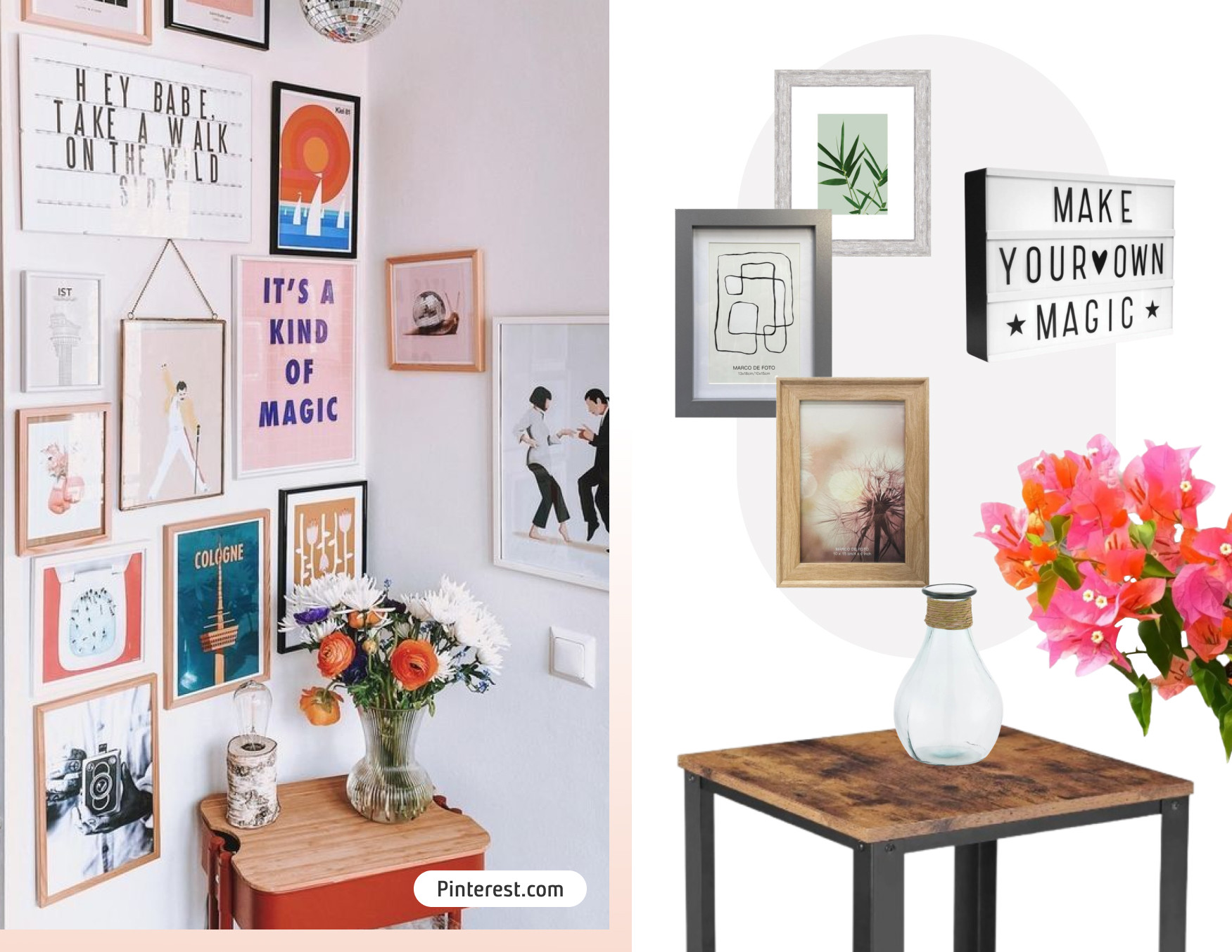 Moodboard de inspiración con una foto de una esquina blanca con un muro galería con distintos cuadros coloridos. Al costado están los productos disponibles en Sodimac para lograr ese look.