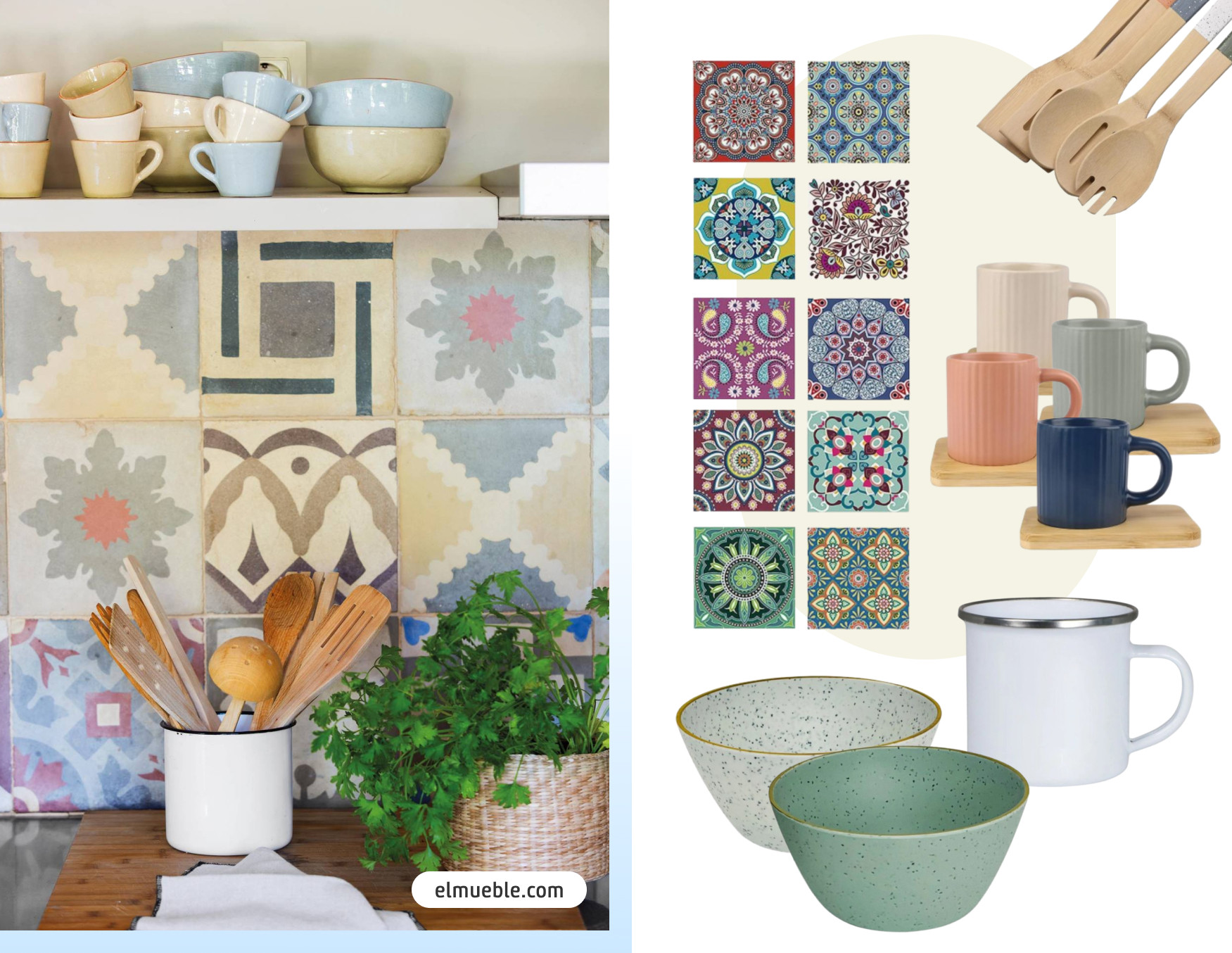 Moodboard de inspiración con una foto a detalle de una cocina con vinilos adhesivos de colores, una repisa con tazas y bowls, una planta y utensilios de cocina dentro de una taza enlozada. Al costado están los productos de Sodimac para lograr ese look.