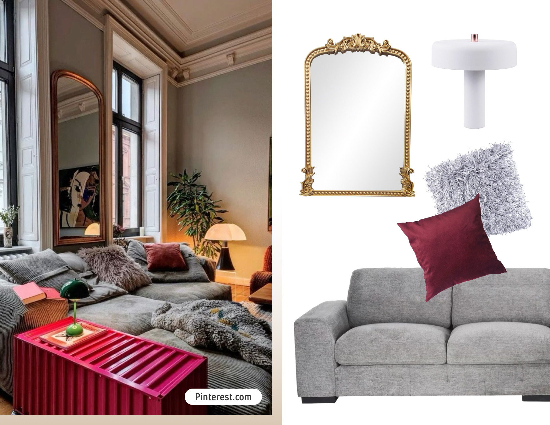 Moodboard de inspiración con una foto de un living con un sofá seccional gris con cojines sobre él, un espejo con marco ornamentado en la pared e iluminación tenue con lámparas. Al costado están los productos disponibles en Sodimac para lograr ese look.