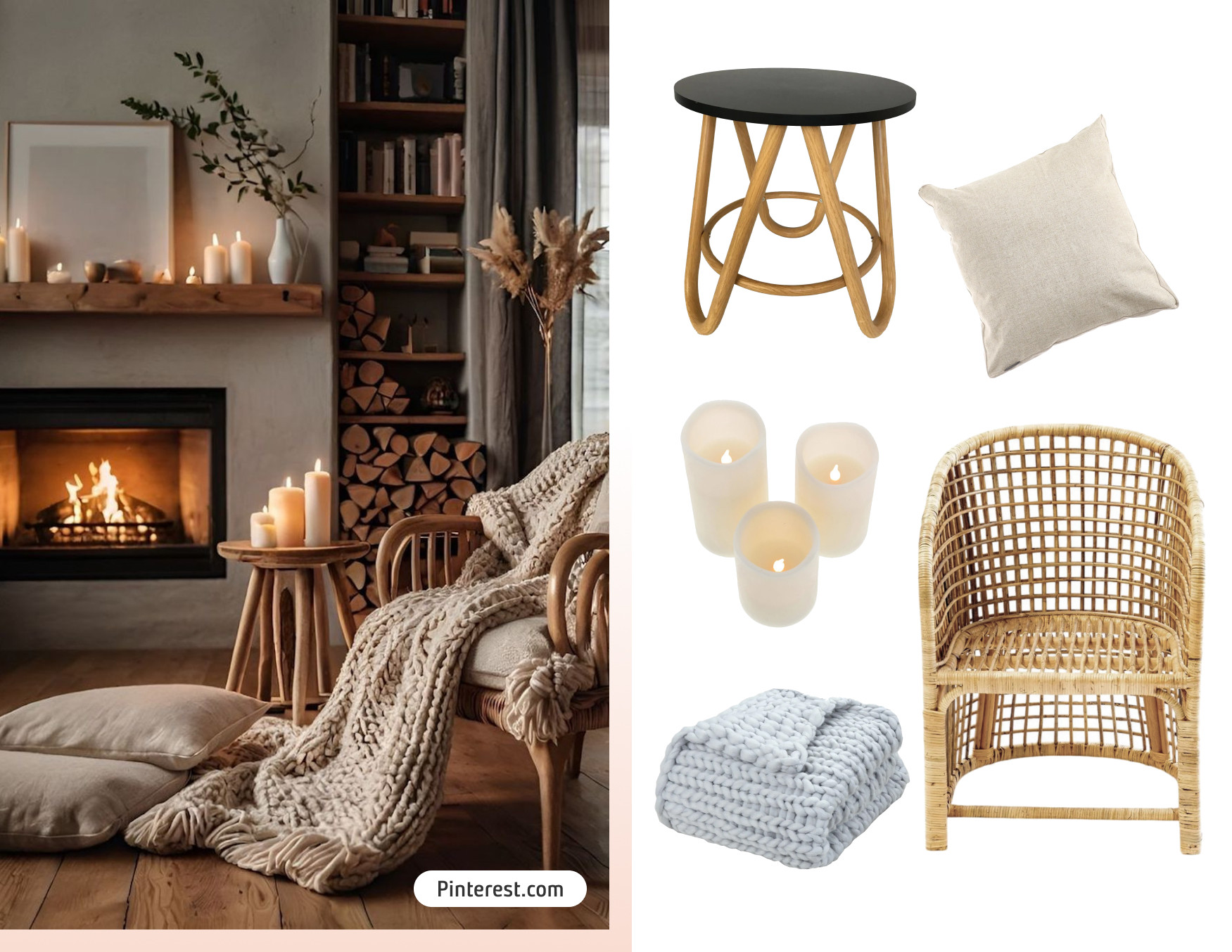 Moodboard de inspiración con una foto de un estar con una silla de mimbre con un cojín y una manta de lana, al costado hay una mesa lateral con velas y una chimenea al fondo. Al costado están los productos disponibles en Sodimac para lograr ese look.