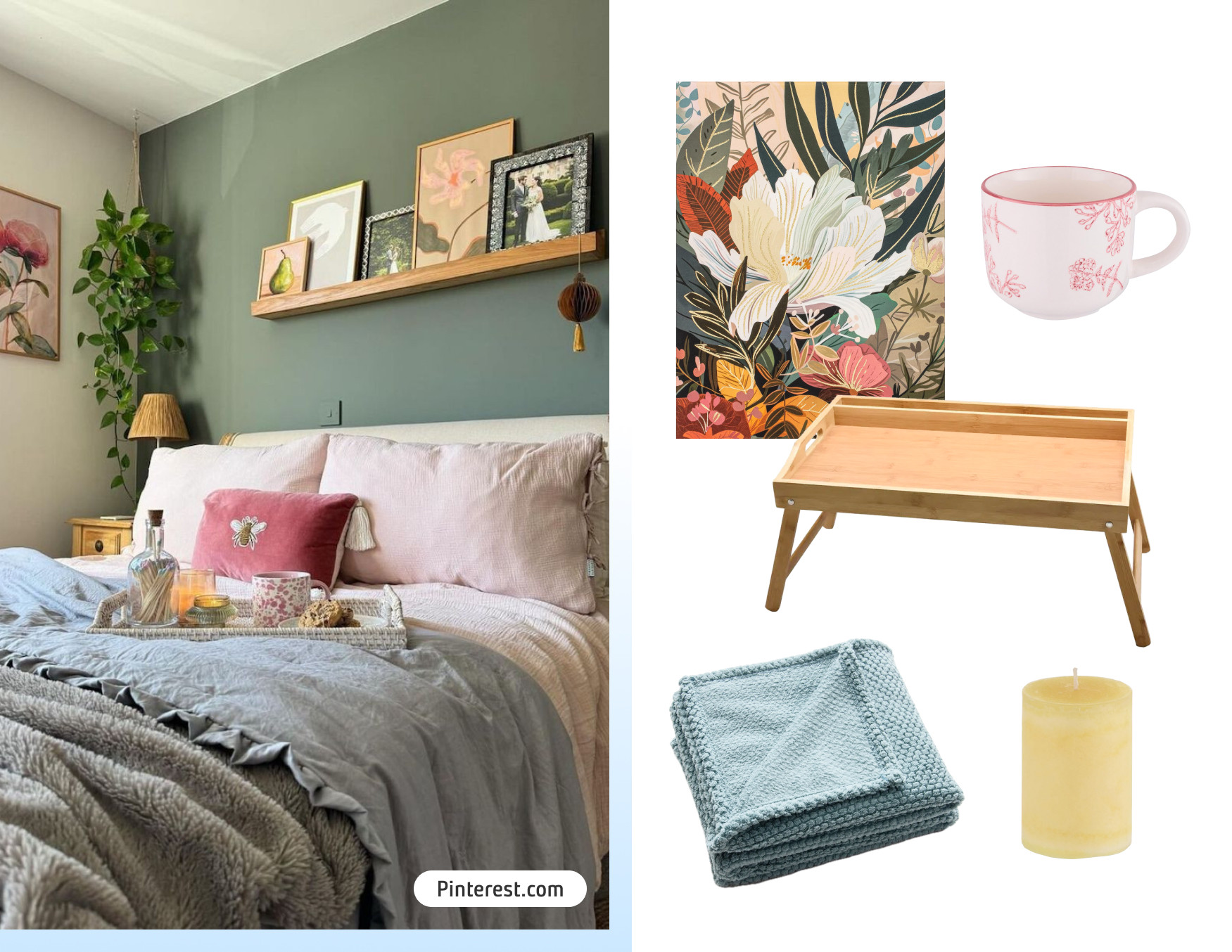 Moodboard de inspiración con una foto de un dormitorio con una cama con sábanas blancas, mantas azuladas y cojines rosados, la pared del fondo es verde y sobre la cama hay una bandeja. Al costado están los productos de Sodimac para lograr ese look.