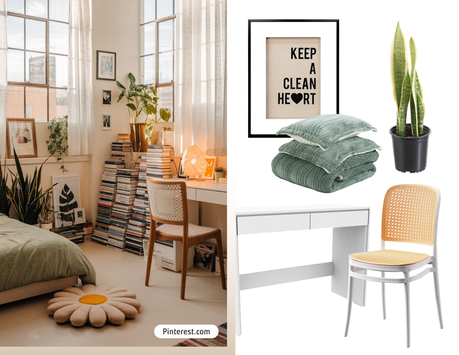 Moodboard de inspiración con una foto de un dormitorio con un escritorio blanco, silla de madera, plantas y grandes ventanas con visillos que dejan pasar la luz natural. Al costado están los productos disponibles en Sodimac para lograr ese look.