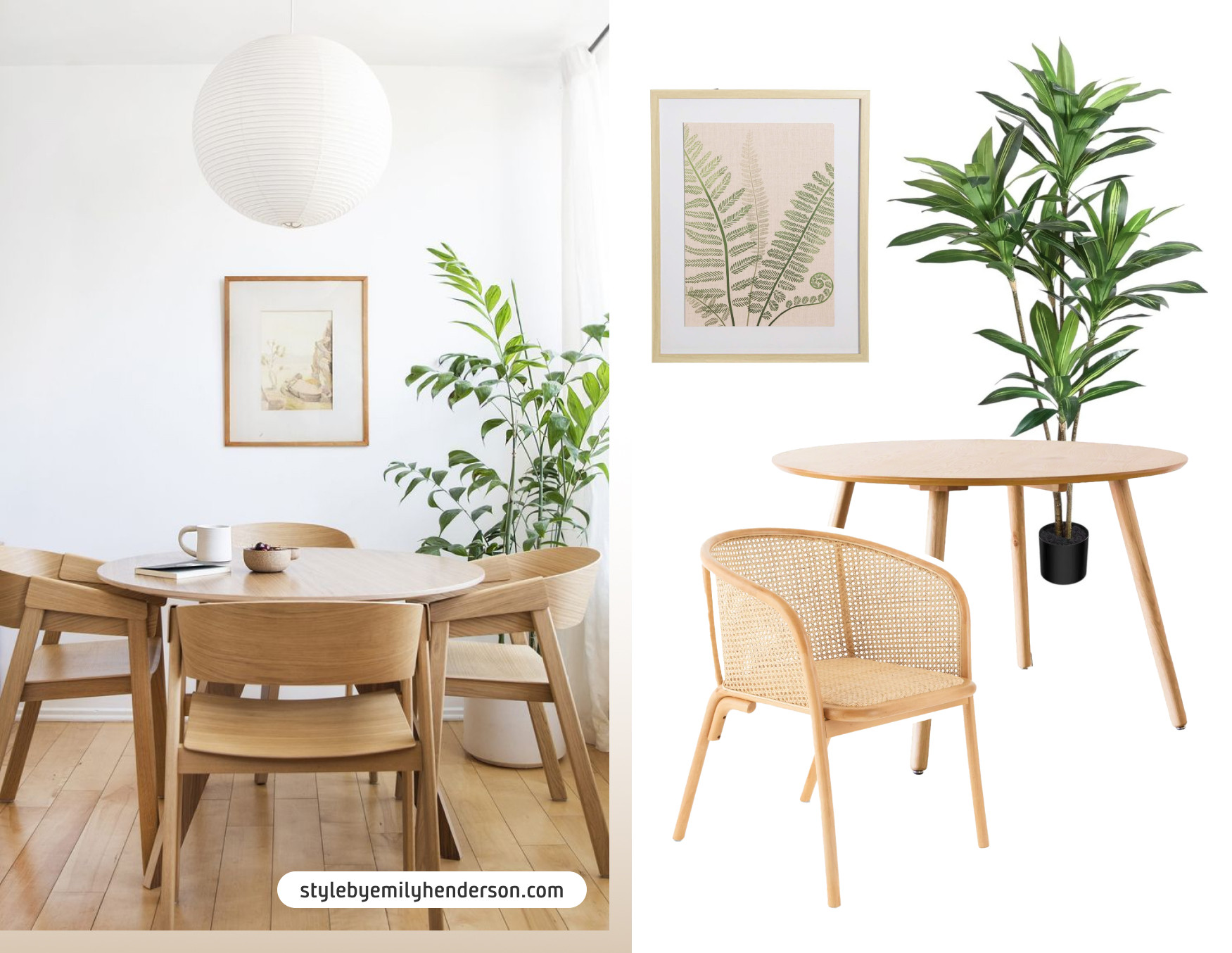 Moodboard de inspiración con una foto de un comedor con una mesa redonda y sillas de madera, una gran planta al costado, un cuadro con marco de madera y una lámpara redonda de papel. Al lado están los productos disponibles en Sodimac para lograr ese look.