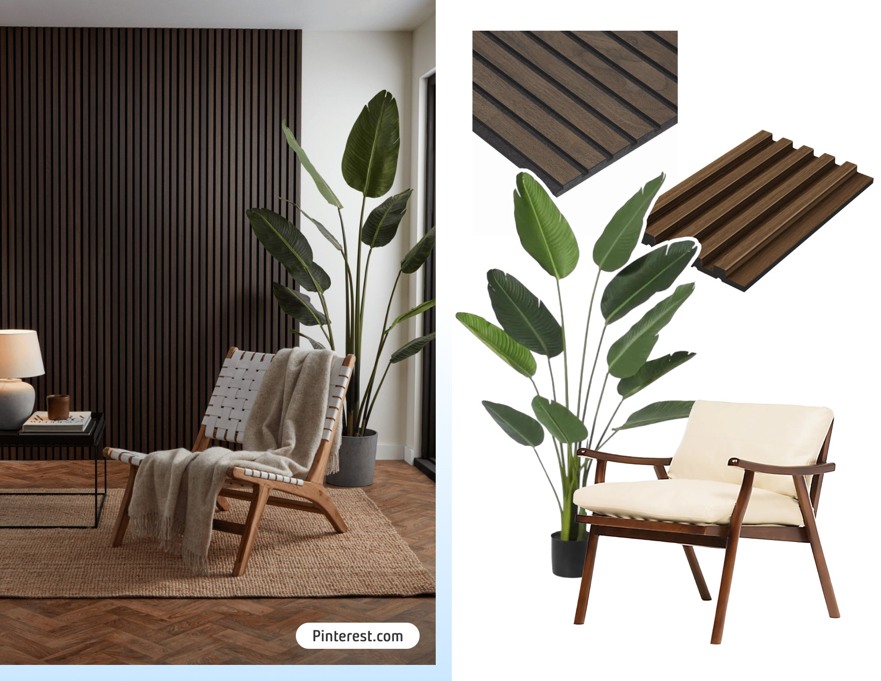 Moodboard de inspiración con una foto de un rincón de una sala de estar con una silla de madera, una planta y un panel de madera oscura en la pared del fondo. Al lado están los productos disponibles en Sodimac para lograr ese look.