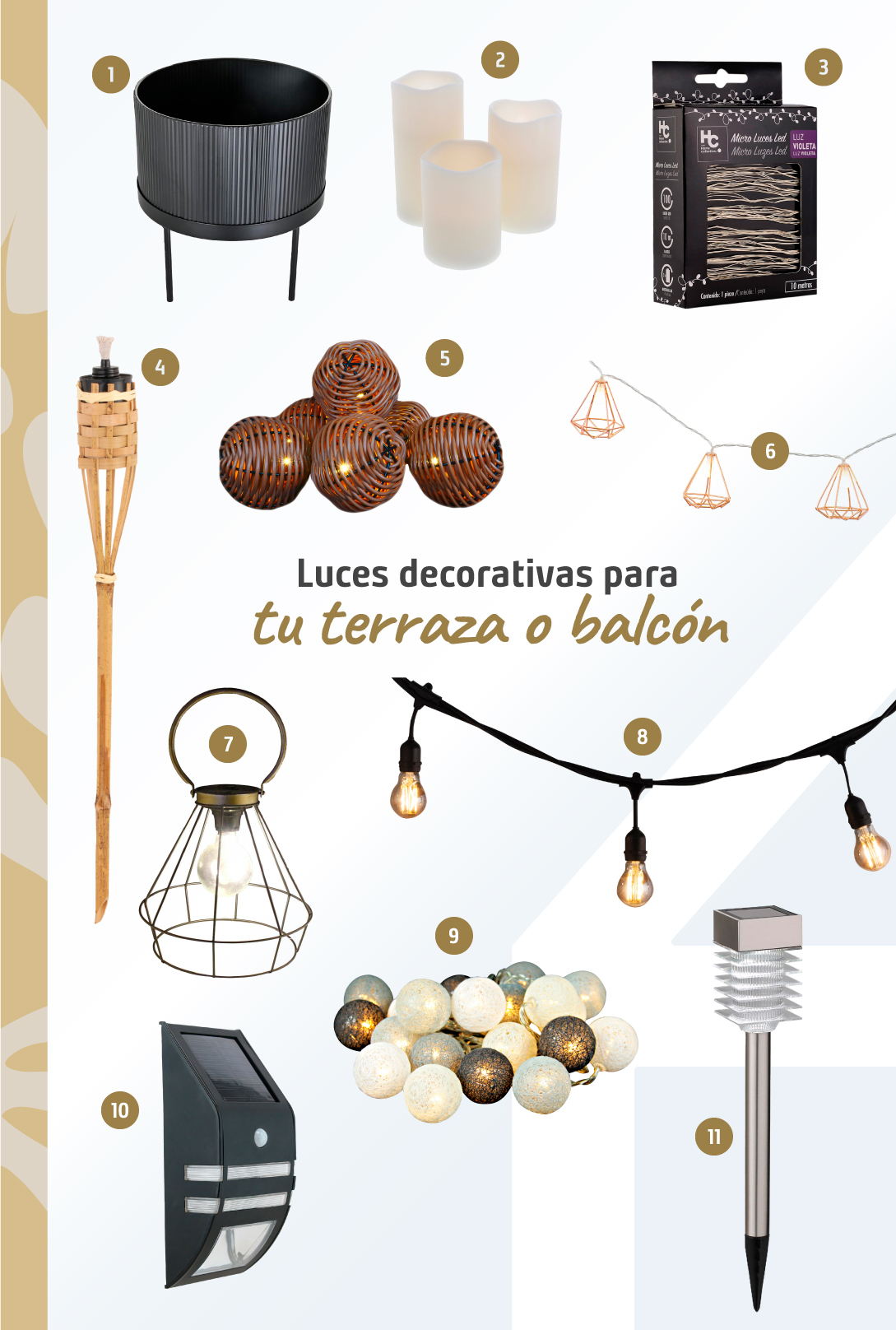Moodboard de luces decorativas para exterior disponibles en Sodimac.