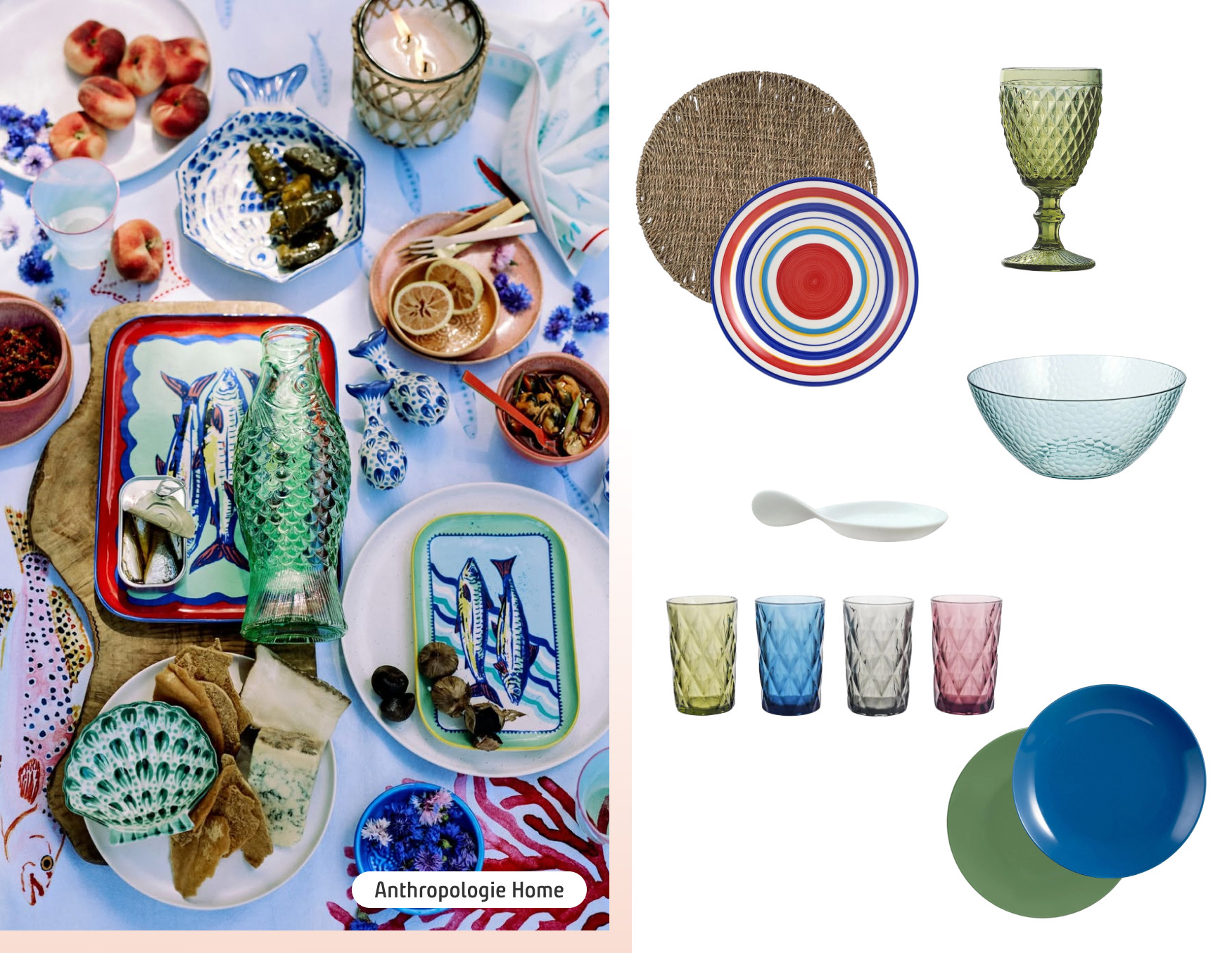 Moodboard de inspiración con una foto de una mesa con menaje con estilo fisherman aesthetic, desde platos y vasos de colores, platos con ilustraciones de peces. Al costado están los productos disponibles en Sodimac para lograr ese look.