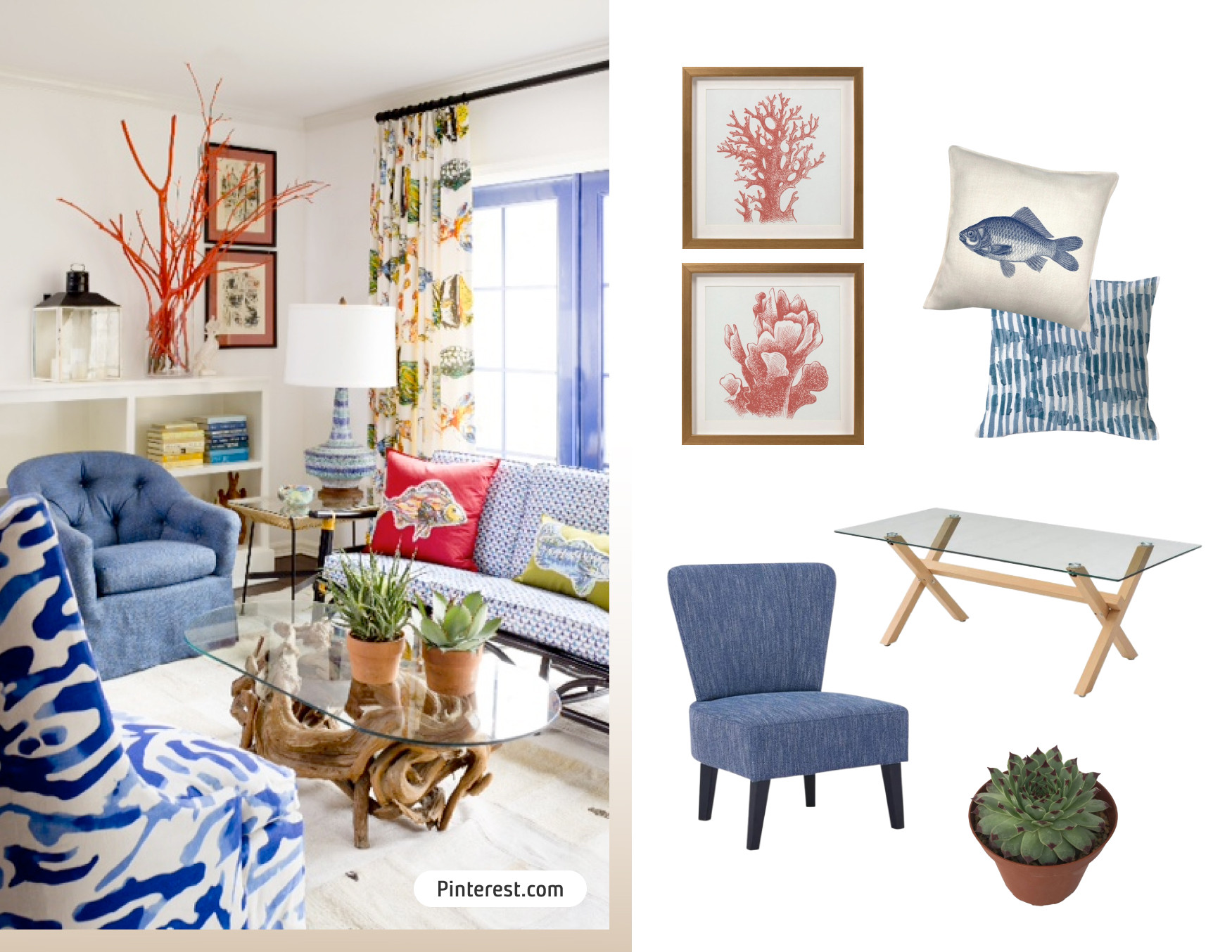Moodboard de inspiración con una foto de un living o sala de estar de estilo fisherman aesthetic, con adornos con motivos del mar, una poltrona azul, cojines de peces y plantas. Al costado están los productos disponibles en Sodimac para lograr ese look.
