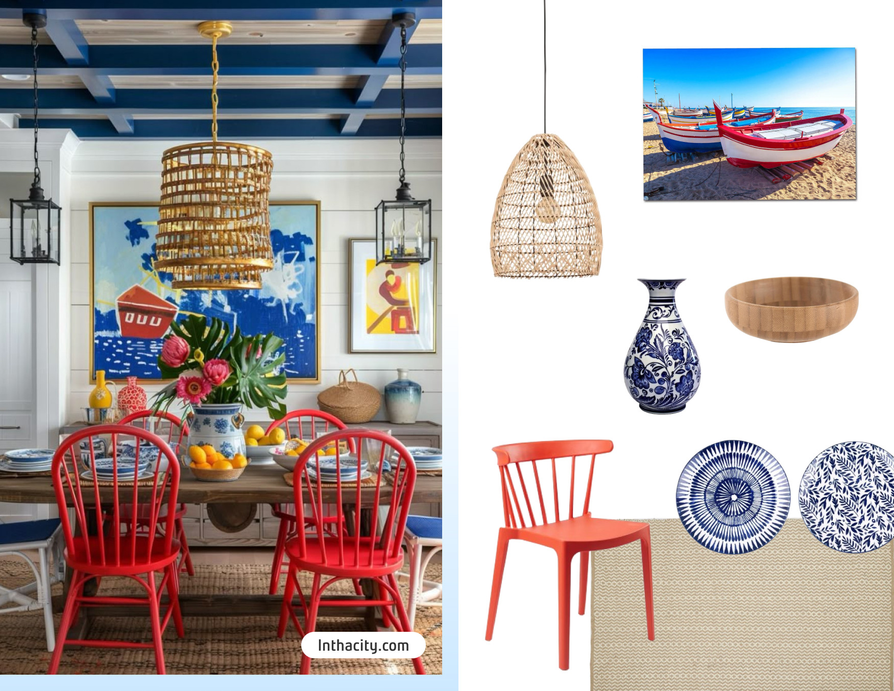 Moodboard de inspiración con una foto de un comedor con sillas rojas, alfombra de yute, lámpara colgante de fibras naturales y un cuadro de barcos en la playa. Al costado están los productos disponibles en Sodimac para lograr ese look.
